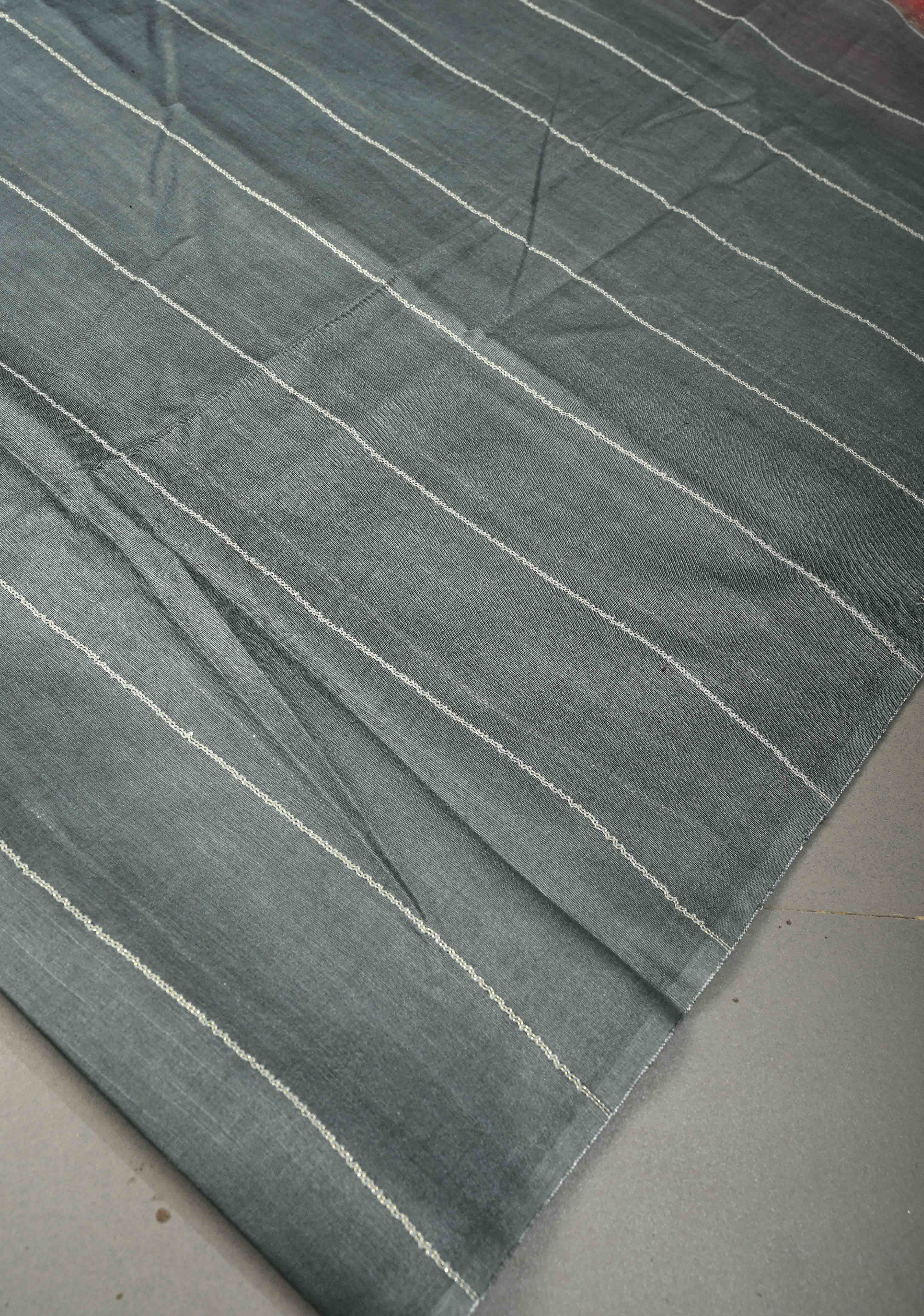 Gray Borderless Semi Tussar Saree with Thread Horizontal Stripes and Contrast Pallu | Shobitam