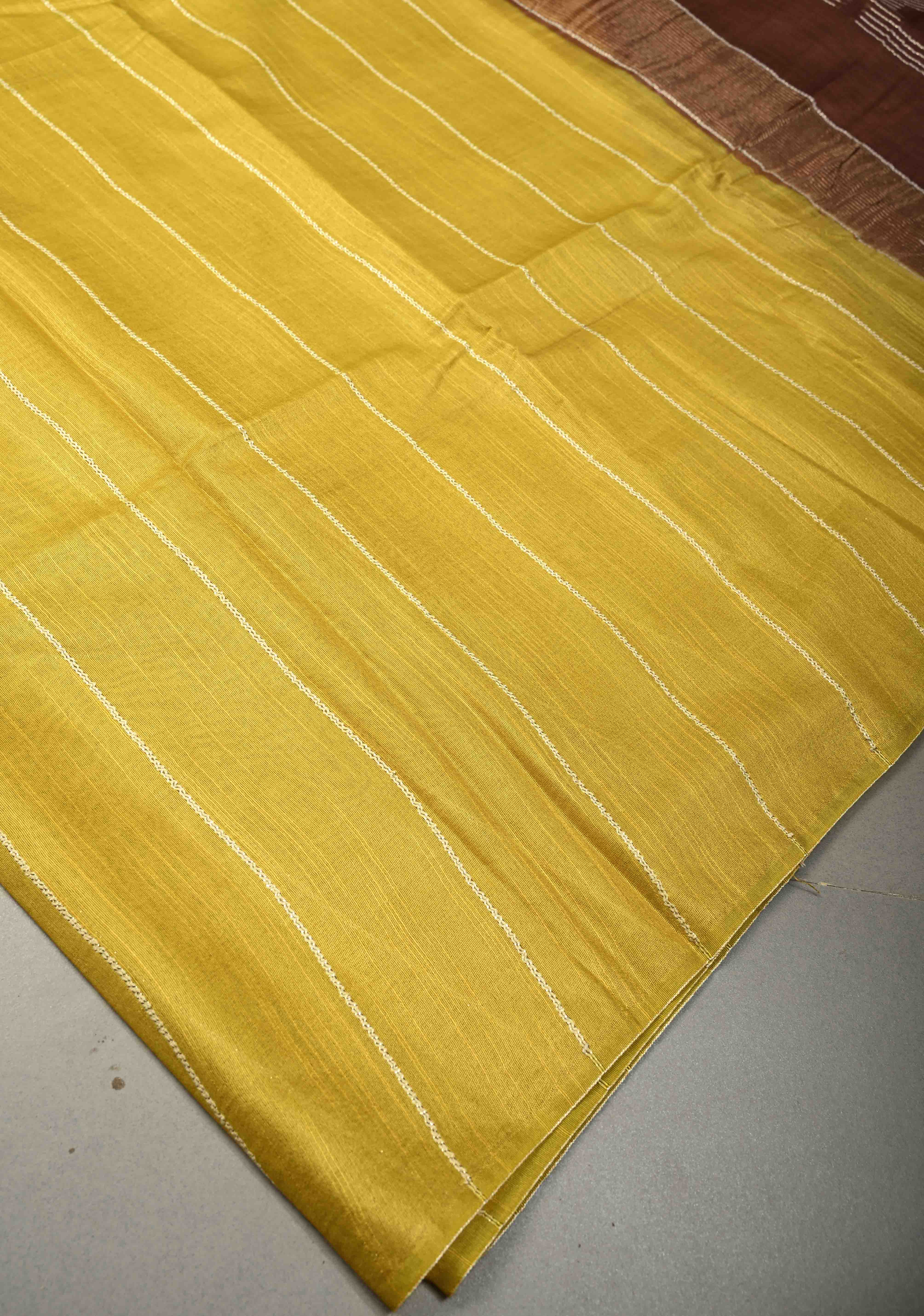 Moss Green Borderless Semi Tussar Saree with Thread-Zari Horizontal Stripes and Contrast Pallu | Shobitam