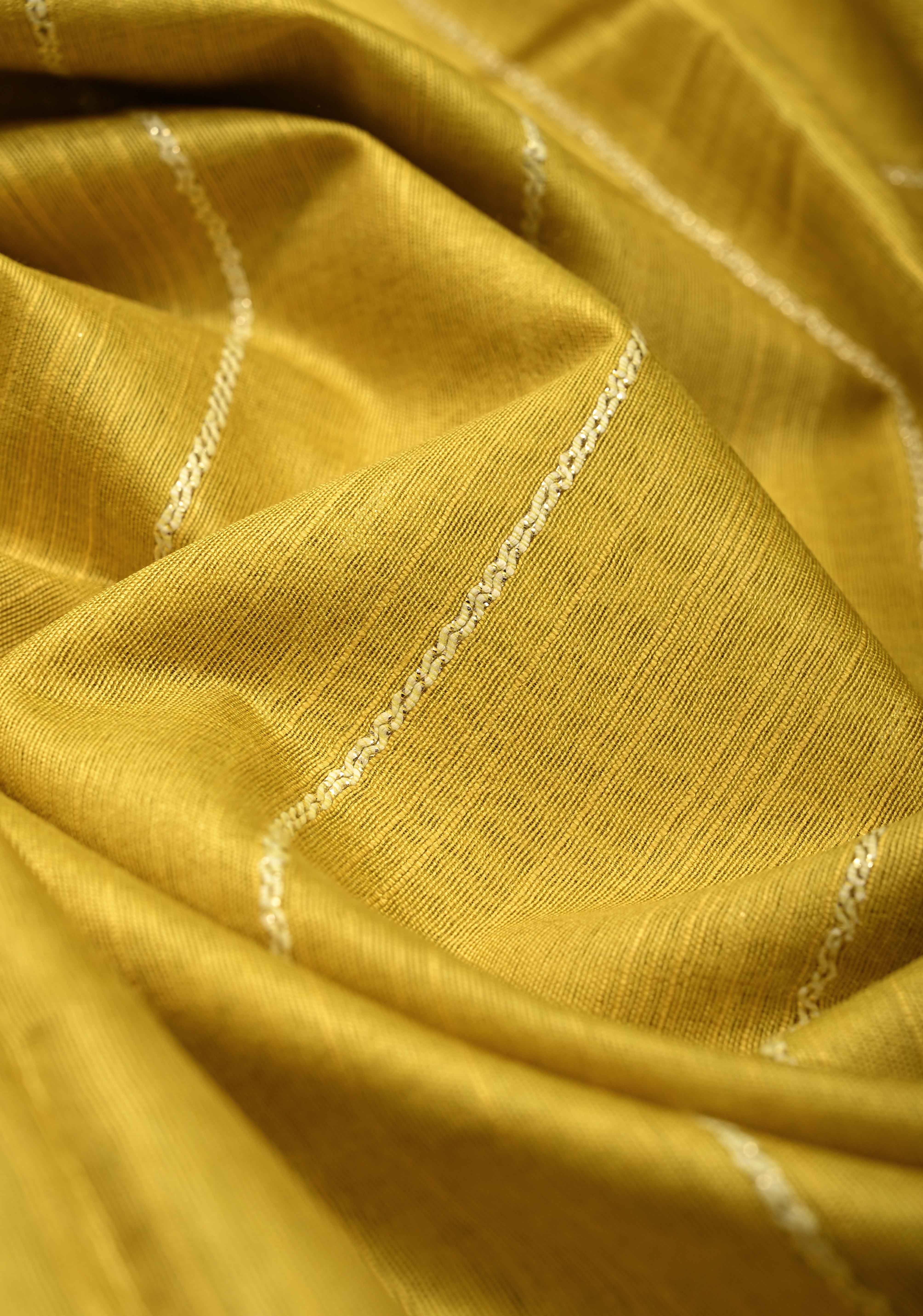 Moss Green Borderless Semi Tussar Saree with Thread-Zari Horizontal Stripes and Contrast Pallu | Shobitam