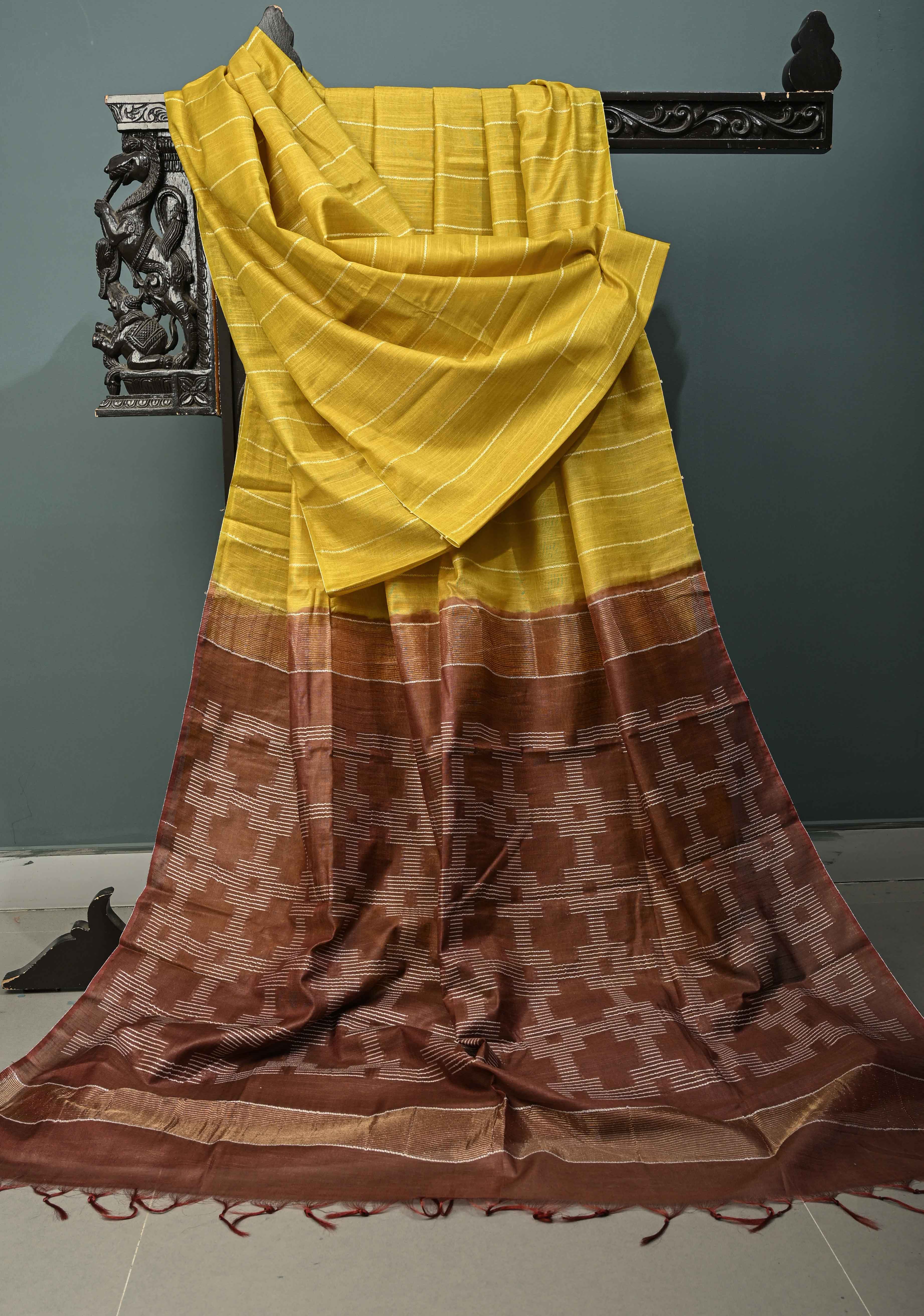 Moss Green Borderless Semi Tussar Saree with Thread-Zari Horizontal Stripes and Contrast Pallu | Shobitam