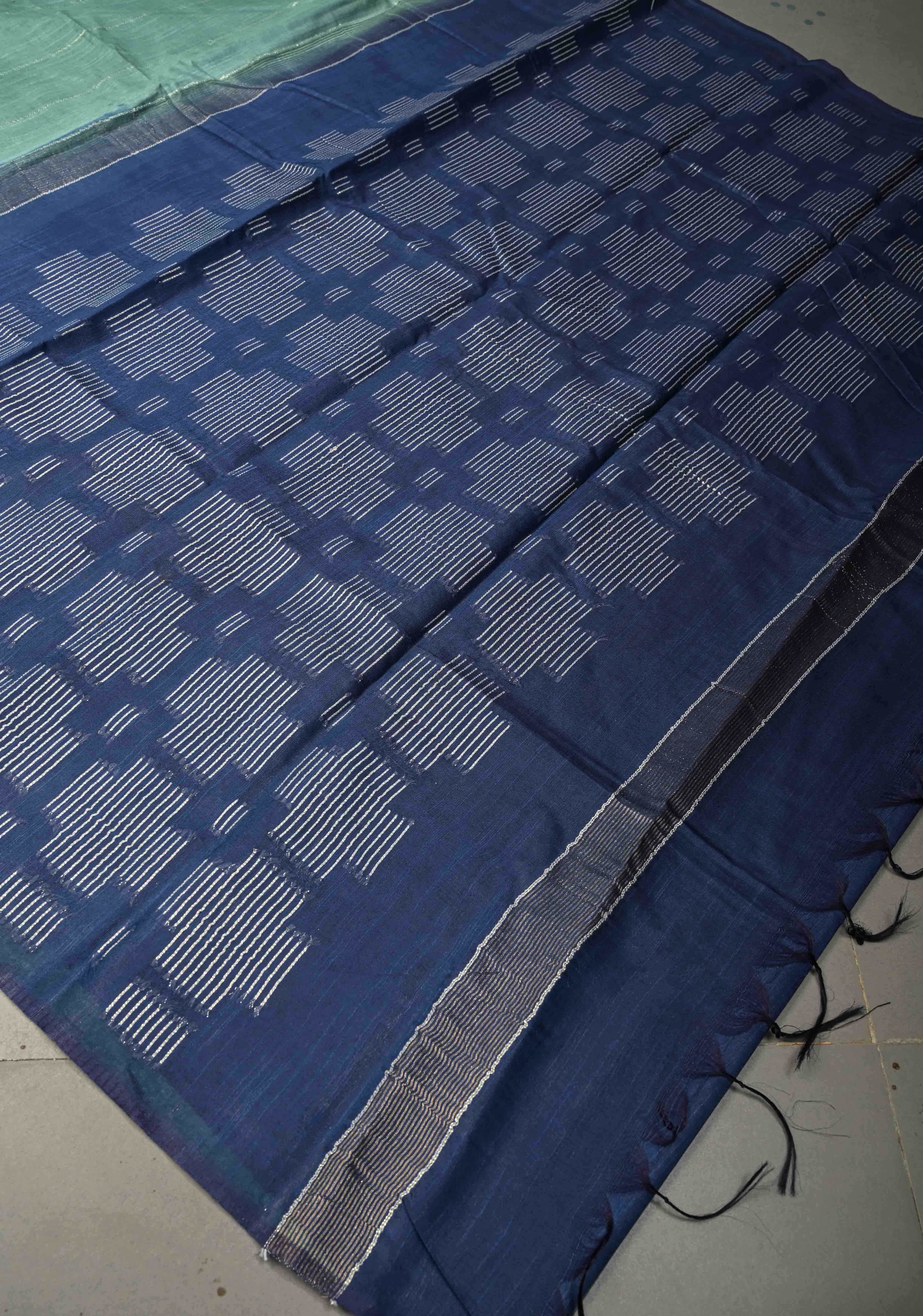 Dusty Teal Borderless Semi Tussar Saree with Thread-Zari Horizontal Stripes and Contrast Pallu | Shobitam