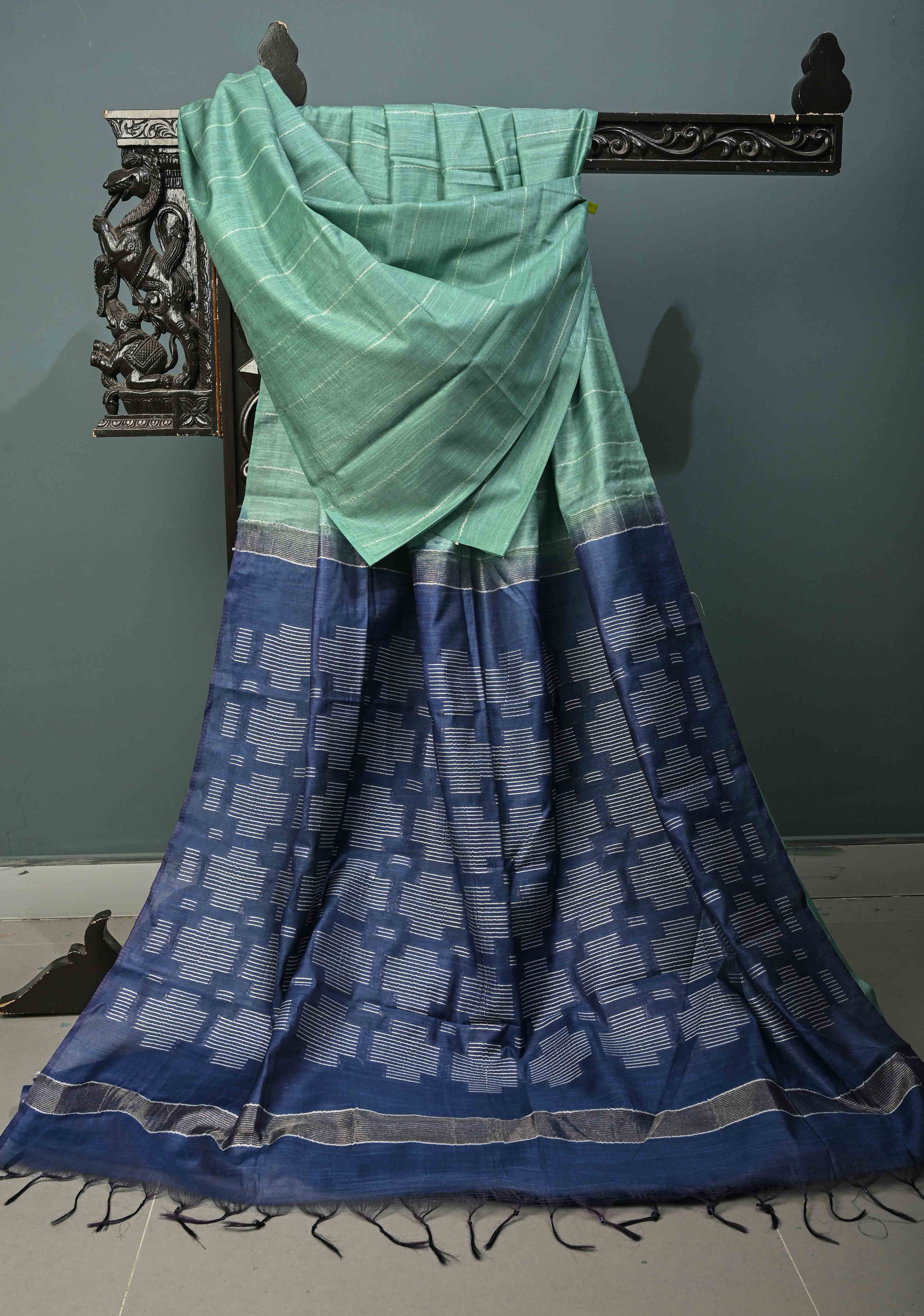 Dusty Teal Borderless Semi Tussar Saree with Thread-Zari Horizontal Stripes and Contrast Pallu | Shobitam