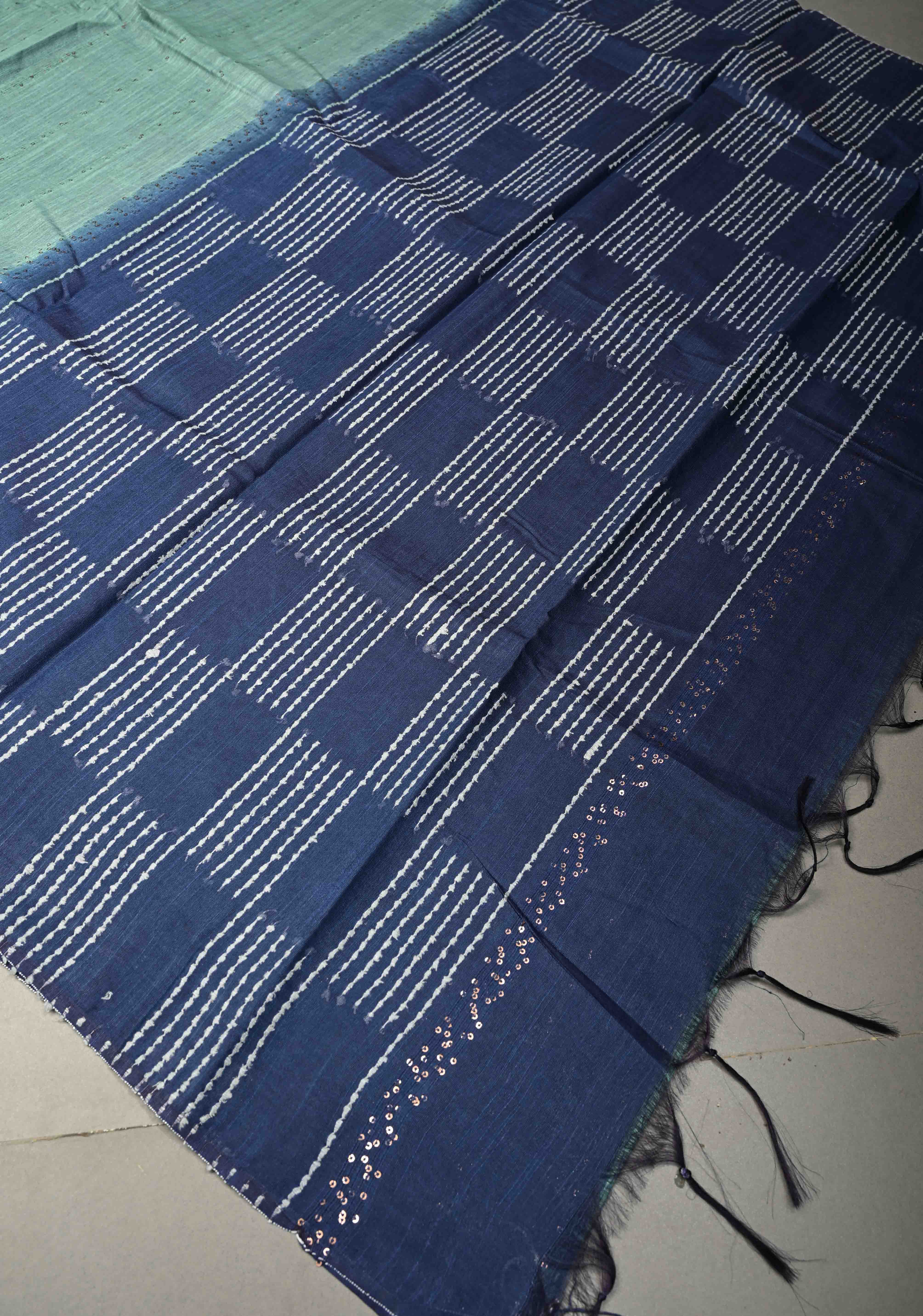 Seafoam Green Borderless Semi Tussar Saree with Sequins Horizontal Stripes and Contrast Pallu | Shobitam