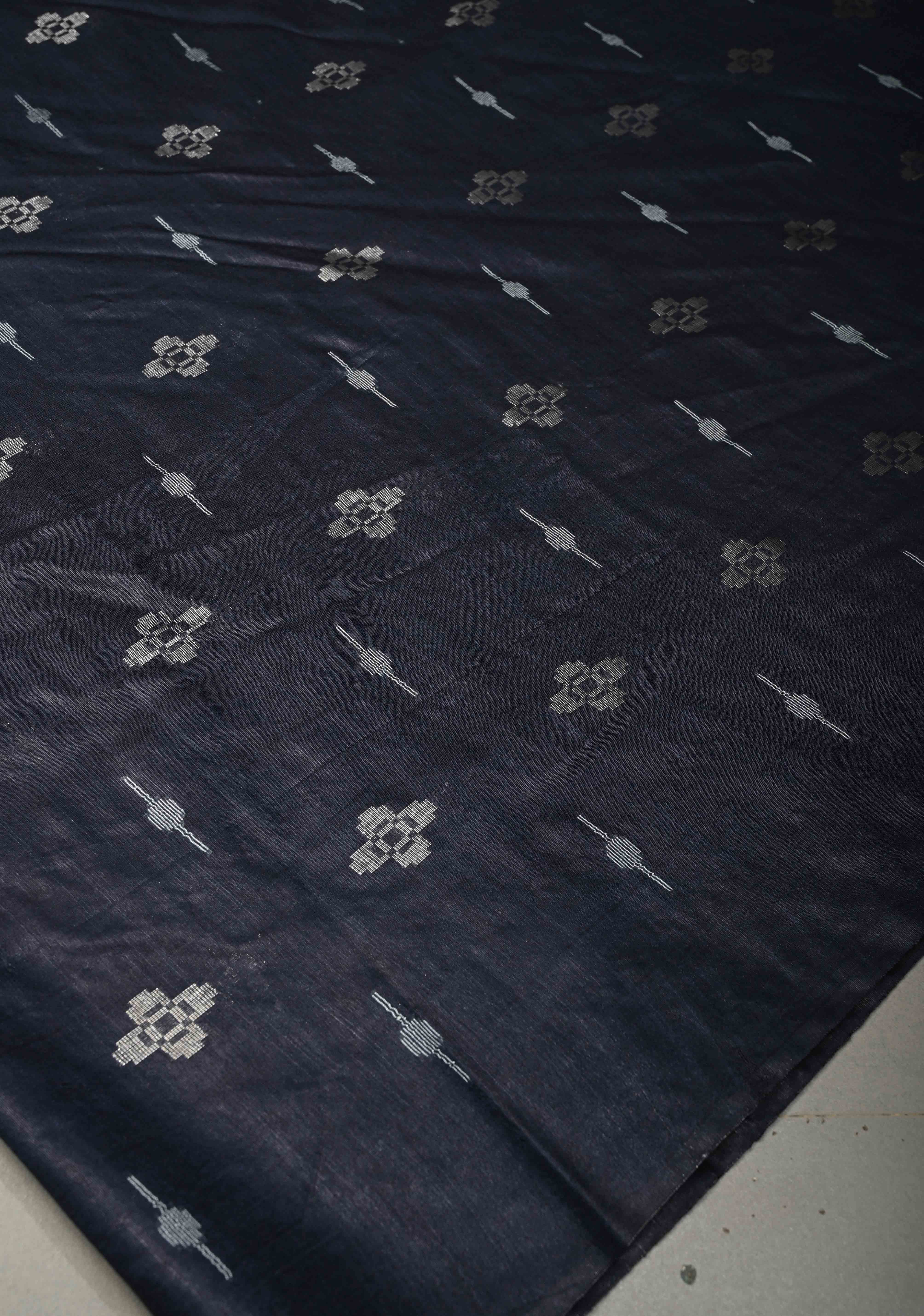 Midnight Blue Borderless Semi Tussar Saree with Thread and Zari Buttas | Shobitam