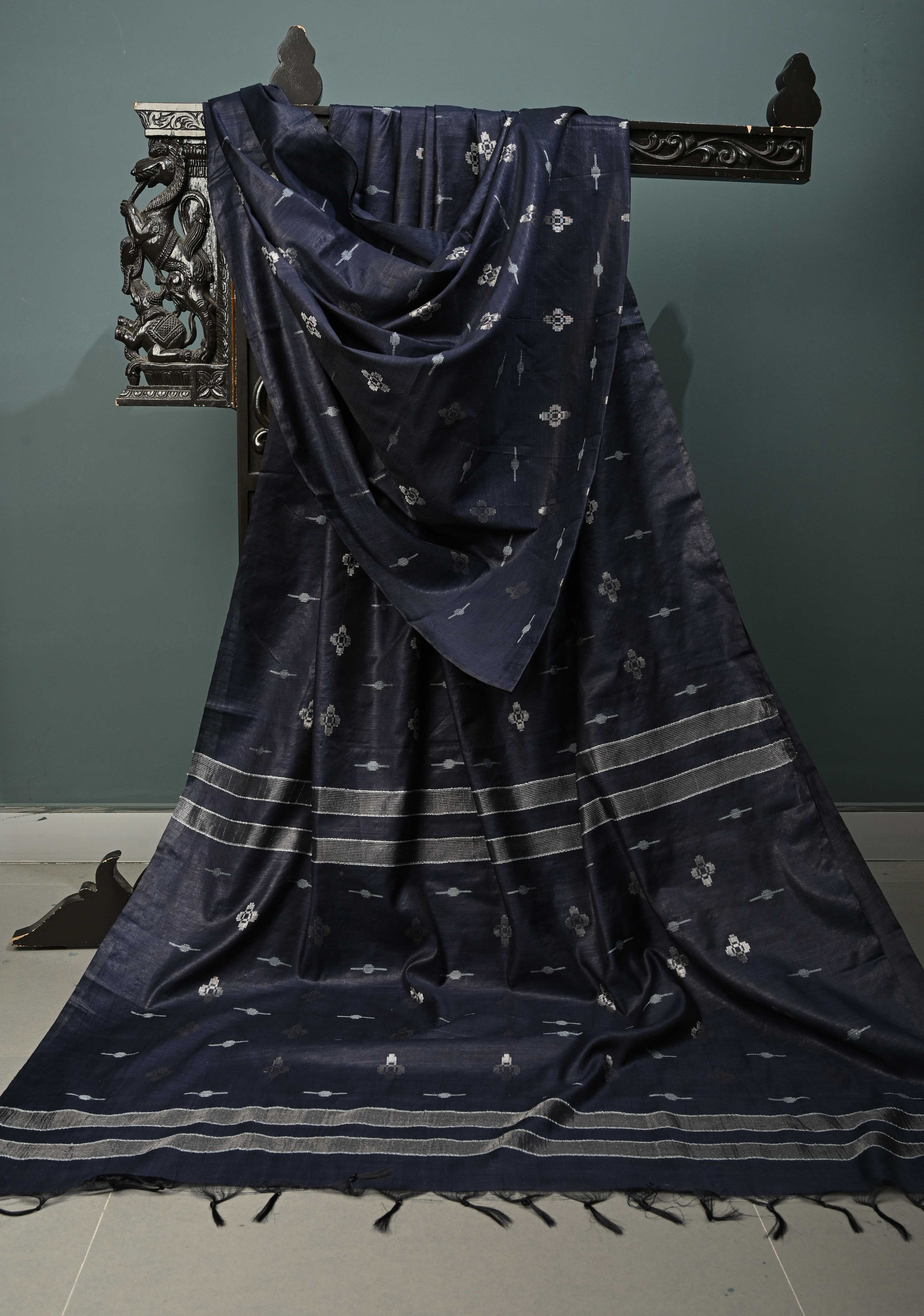 Midnight Blue Borderless Semi Tussar Saree with Thread and Zari Buttas | Shobitam