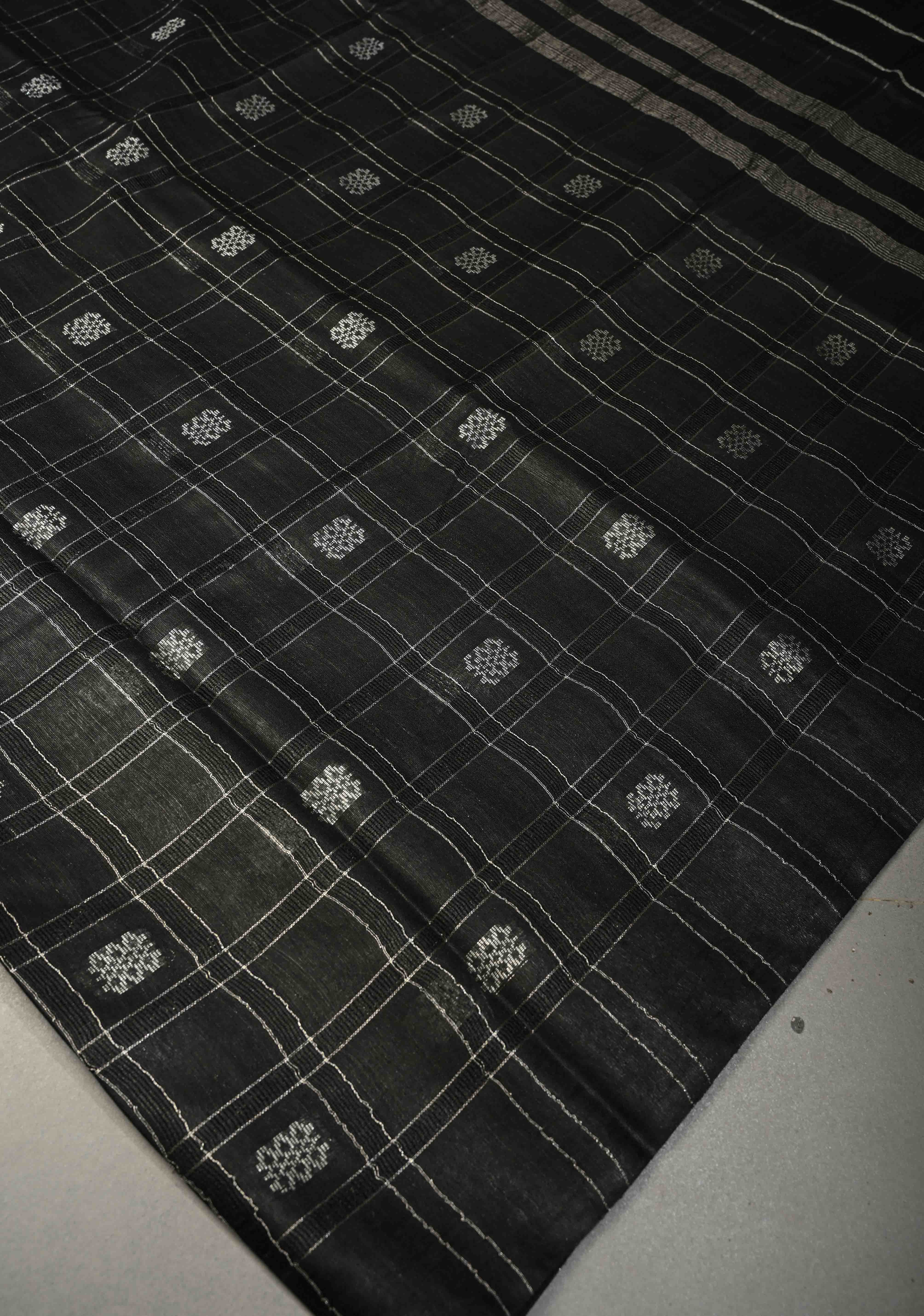 Black Borderless Semi Tussar Saree with Zari Buttas and Zari Checks | Shobitam