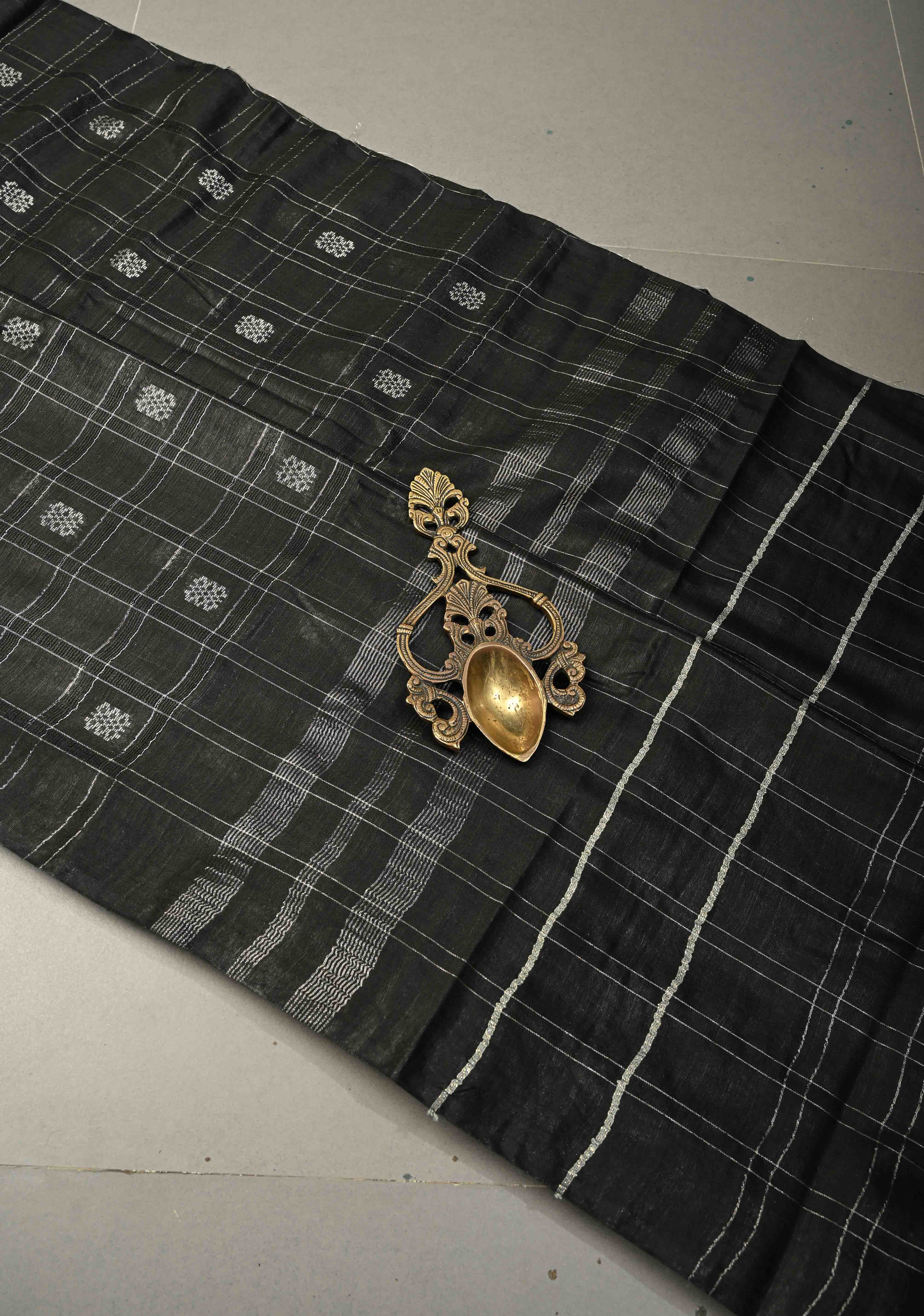 Black Borderless Semi Tussar Saree with Zari Buttas and Zari Checks | Shobitam