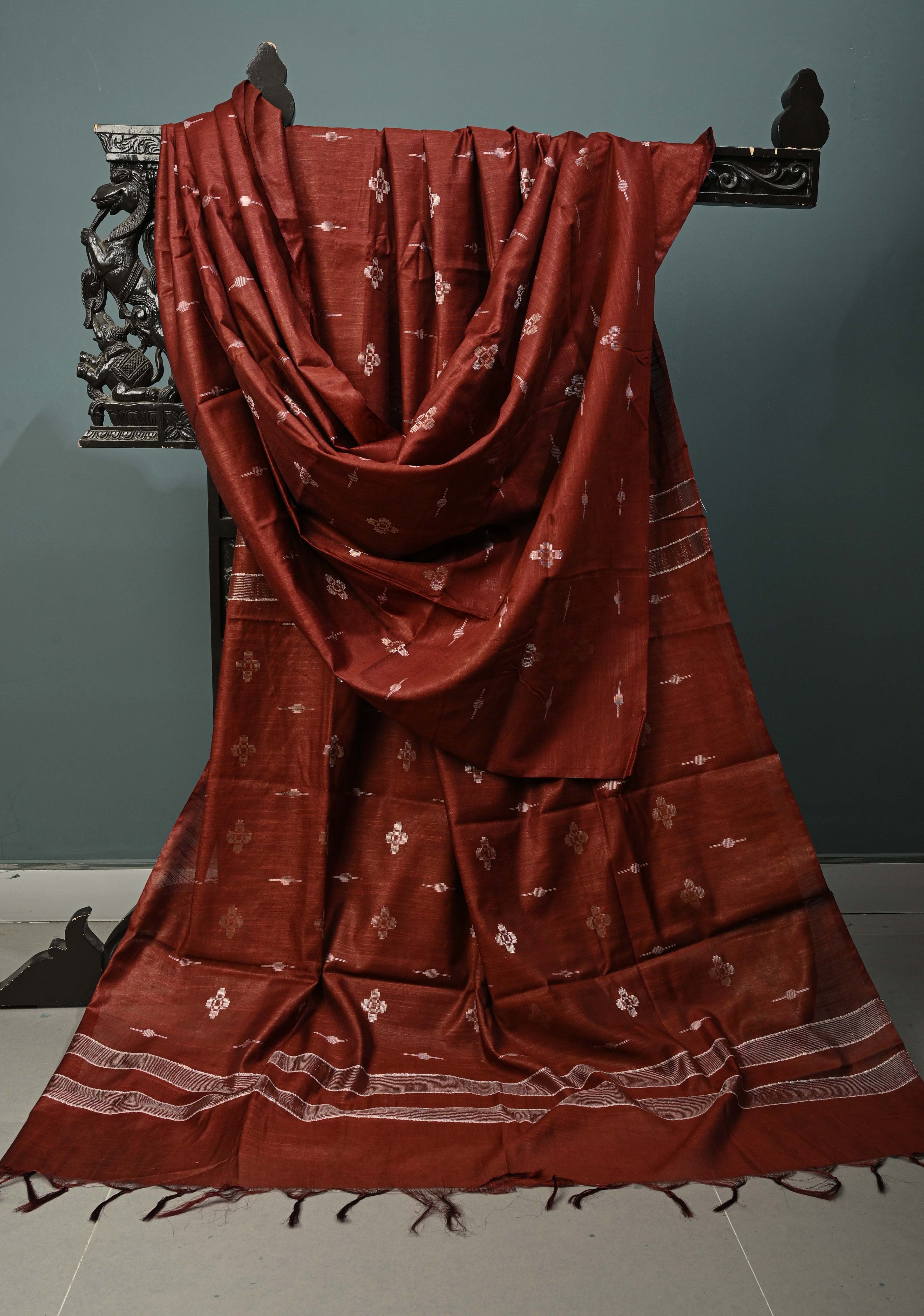 Deep Maroon Borderless Semi Tussar Saree with Thread and Muted Zari Buttas | Shobitam