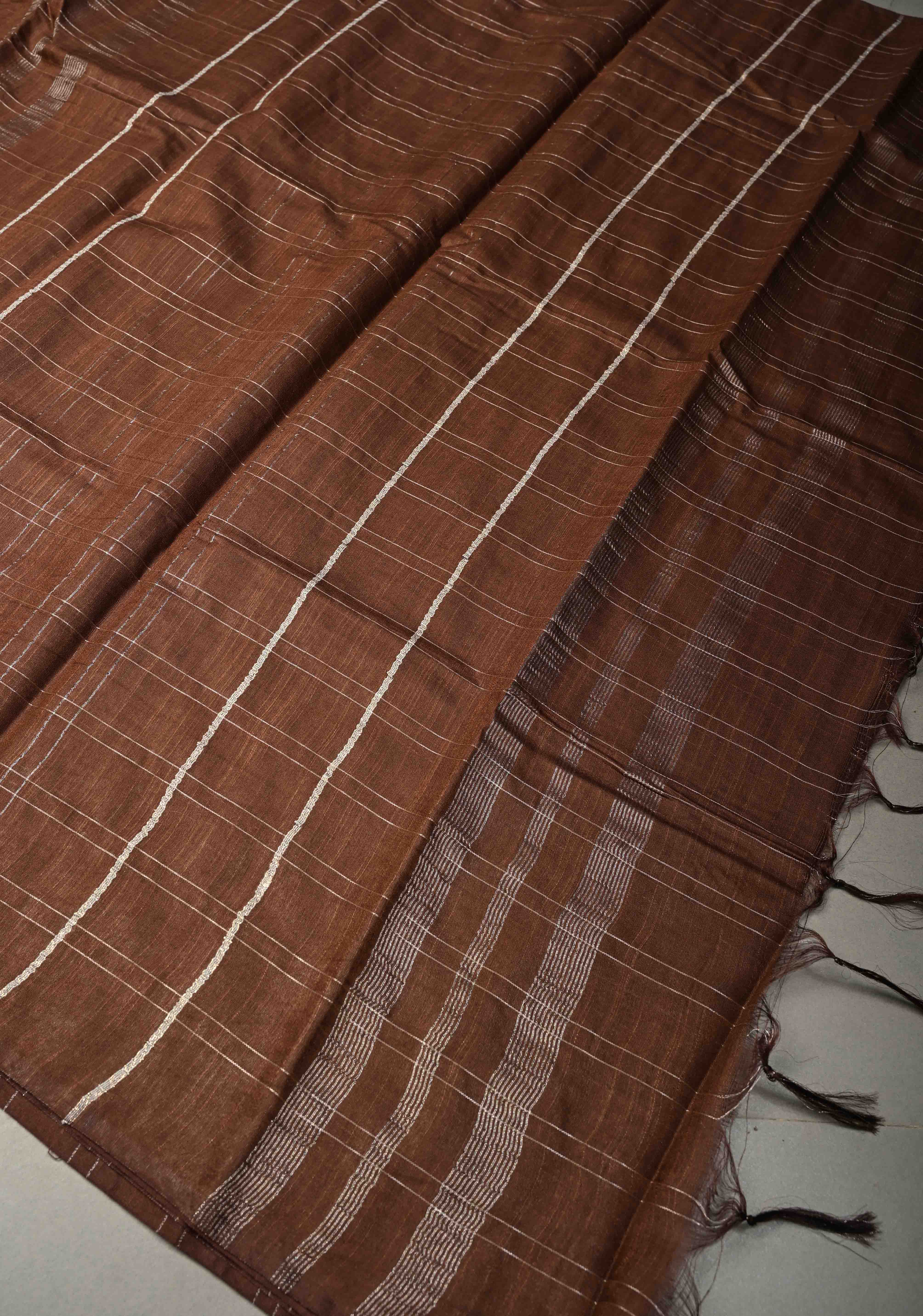 Coffee Brown Borderless Semi Tussar Saree with Zari Buttas and Zari Checks | Shobitam