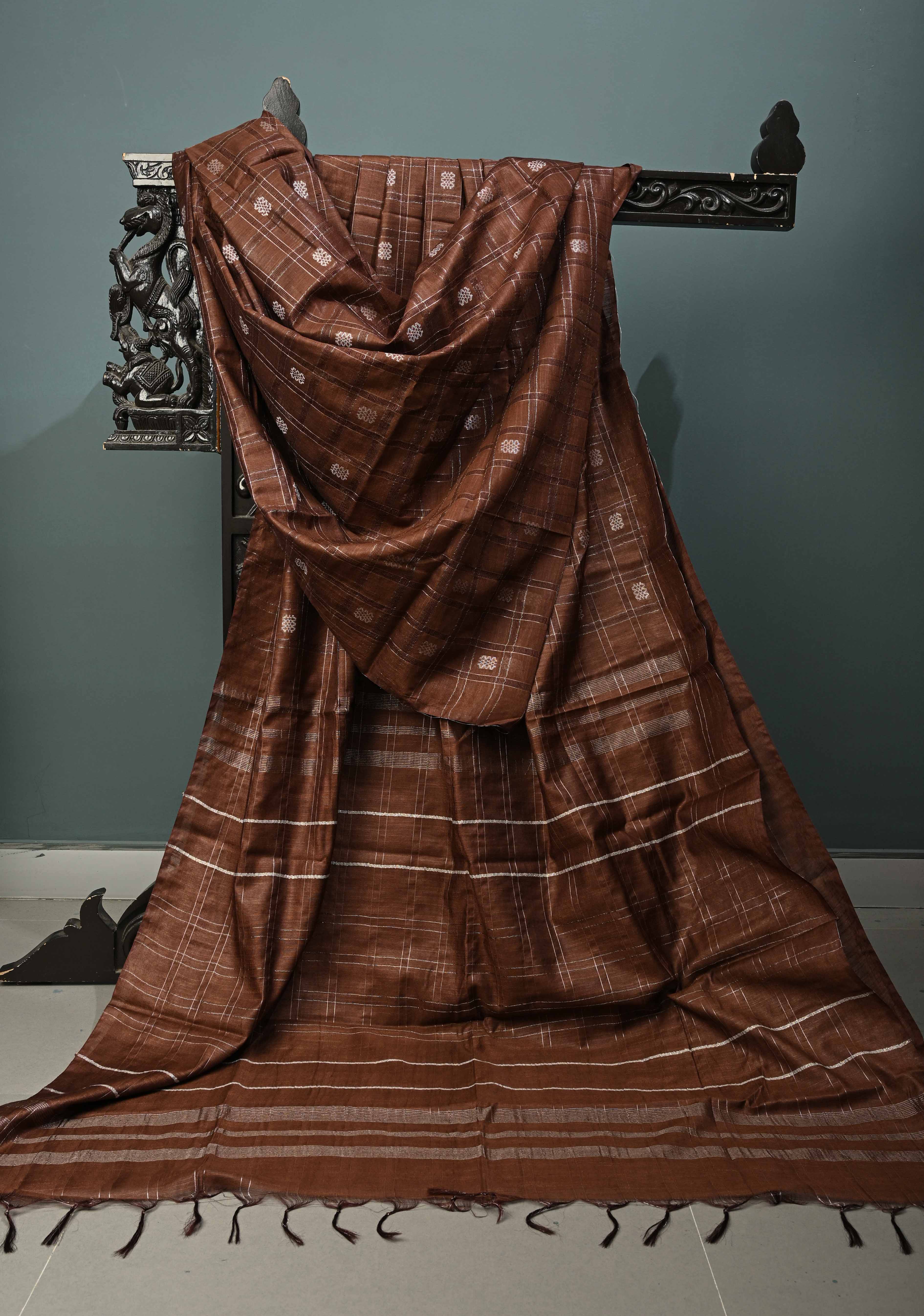 Coffee Brown Borderless Semi Tussar Saree with Zari Buttas and Zari Checks | Shobitam