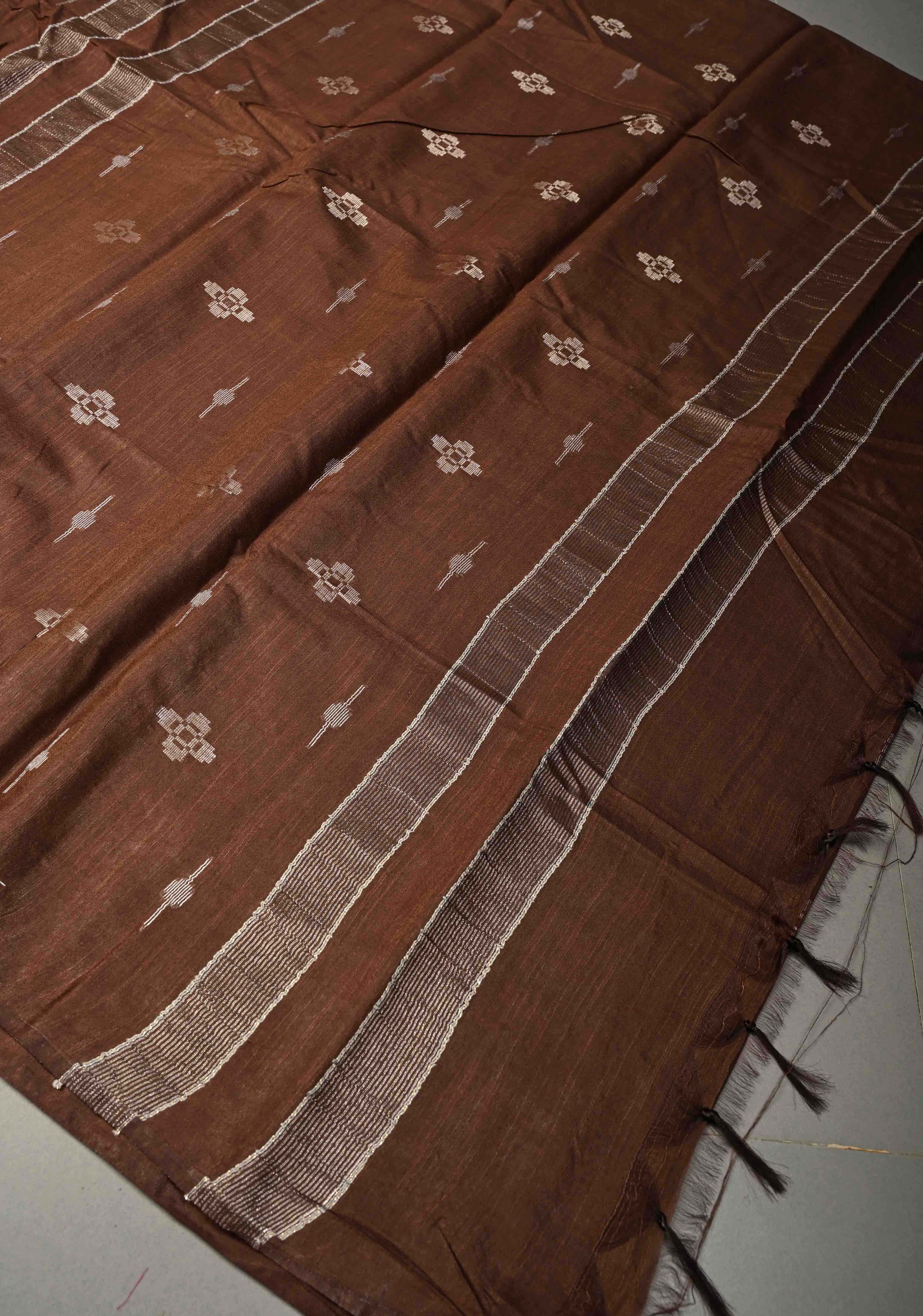 Chocolate Brown Borderless Semi Tussar Saree with Thread and Muted Zari Buttas | Shobitam
