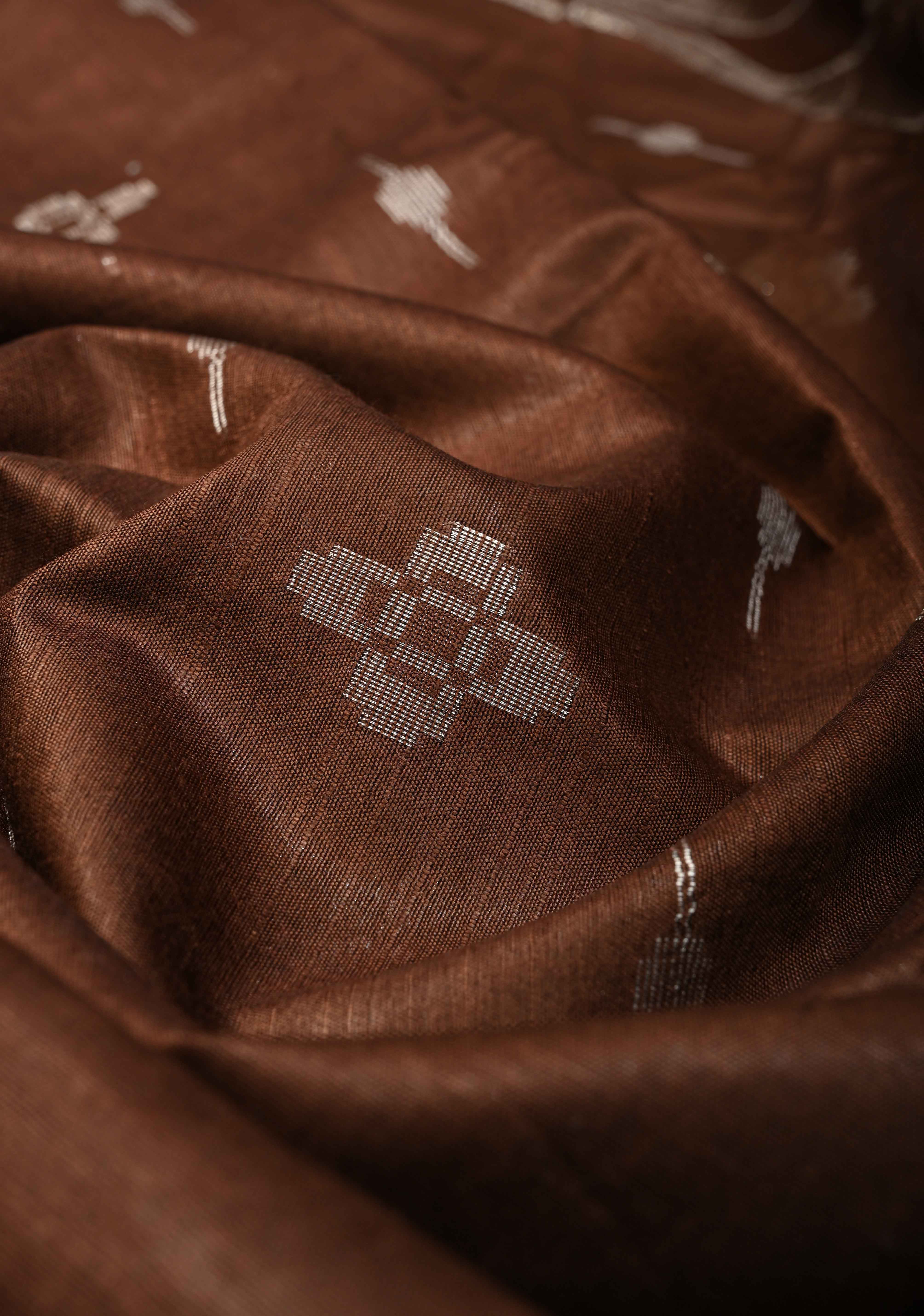 Chocolate Brown Borderless Semi Tussar Saree with Thread and Muted Zari Buttas | Shobitam
