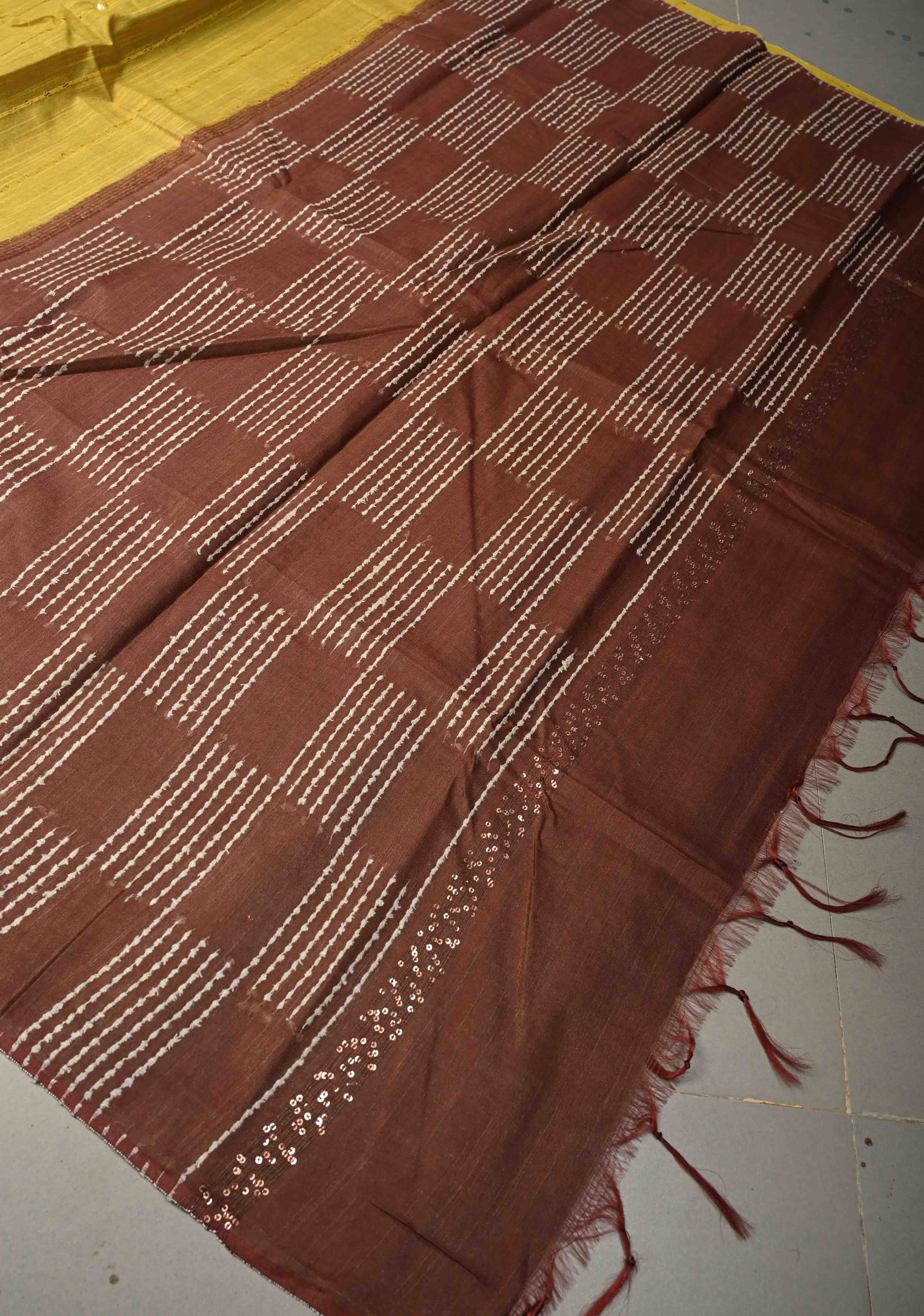 Mustard Yellow Borderless Semi Tussar Saree with Sequins Horizontal Stripes and Contrast Pallu | Shobitam