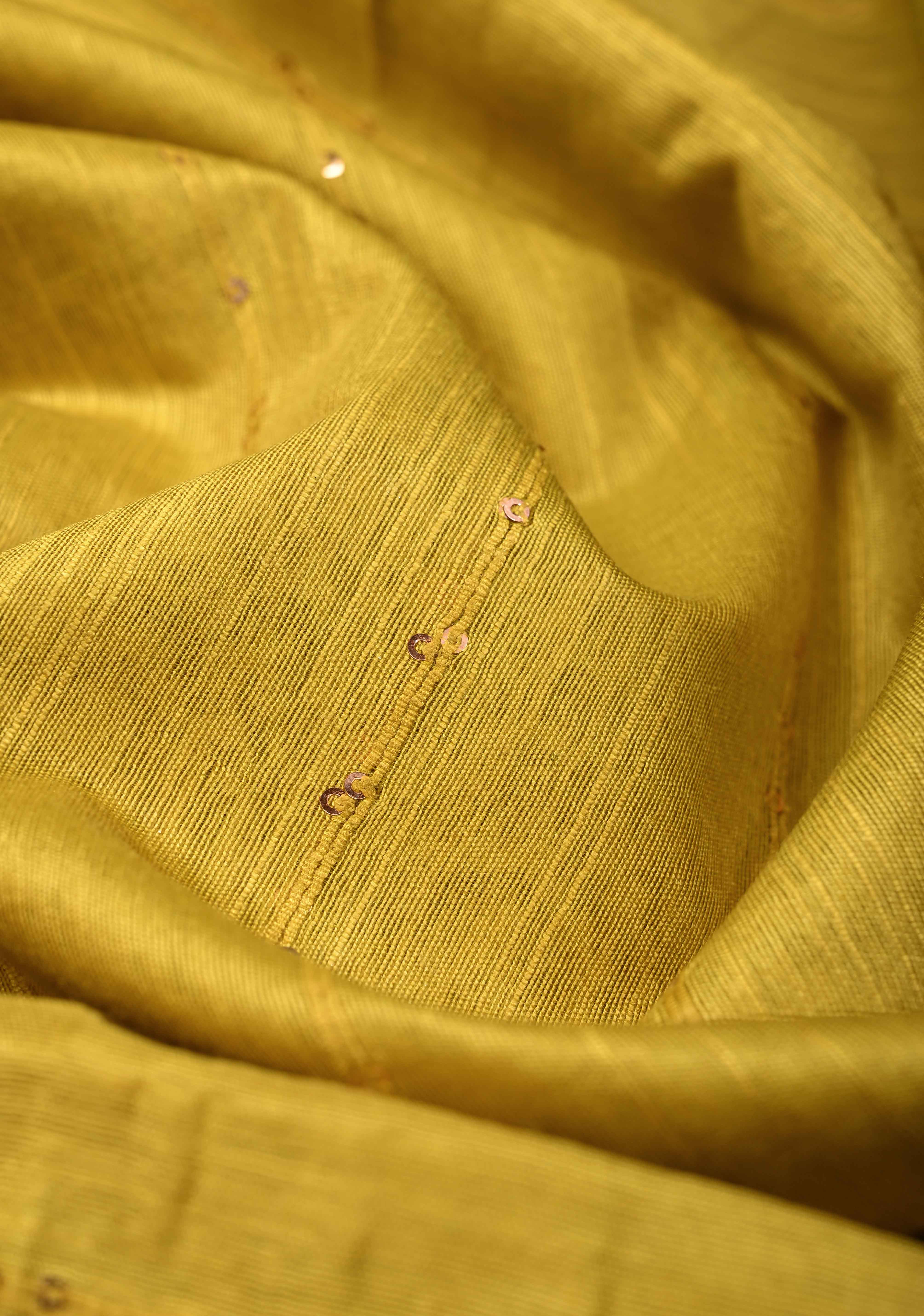 Mustard Yellow Borderless Semi Tussar Saree with Sequins Horizontal Stripes and Contrast Pallu | Shobitam