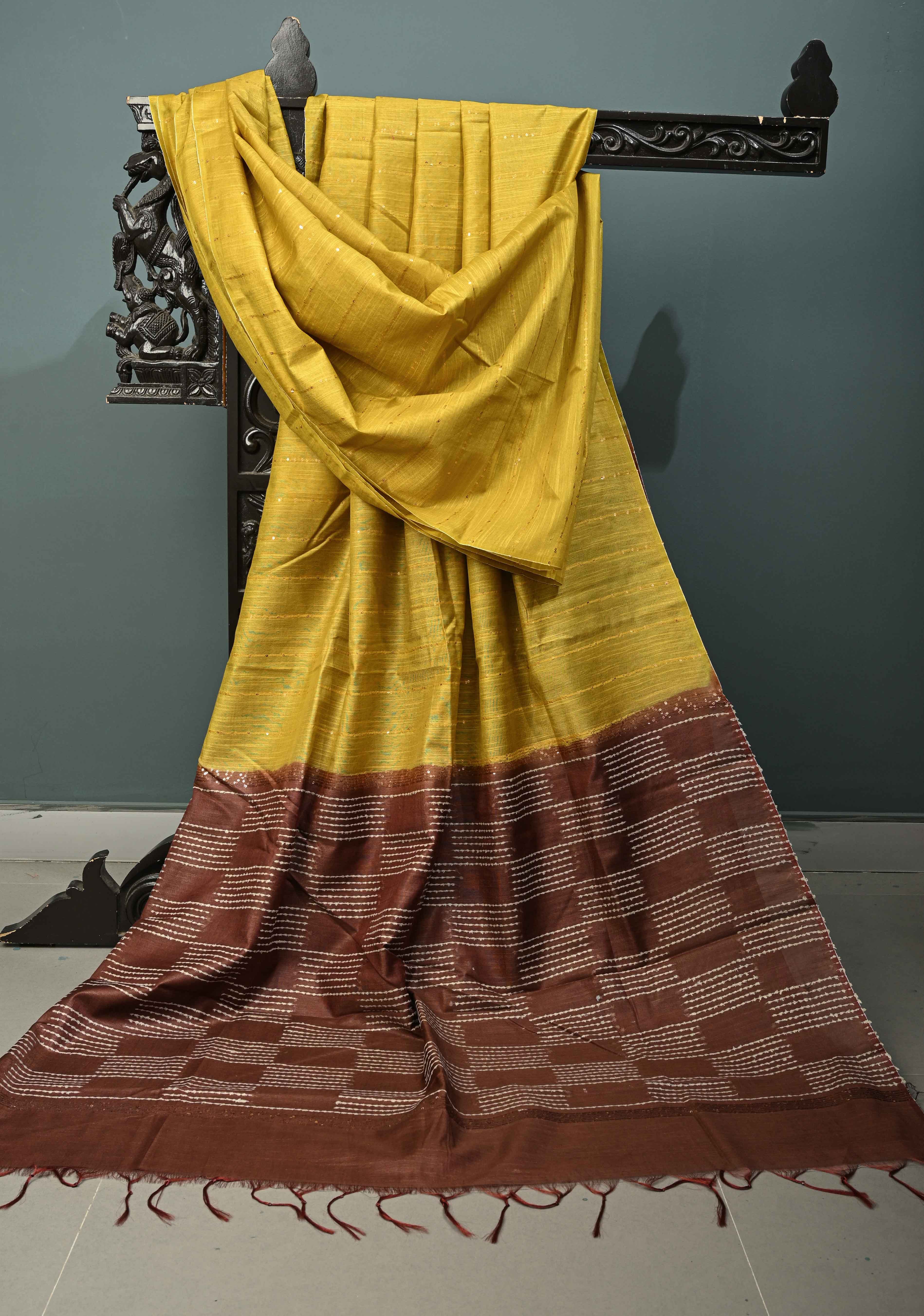 Mustard Yellow Borderless Semi Tussar Saree with Sequins Horizontal Stripes and Contrast Pallu | Shobitam