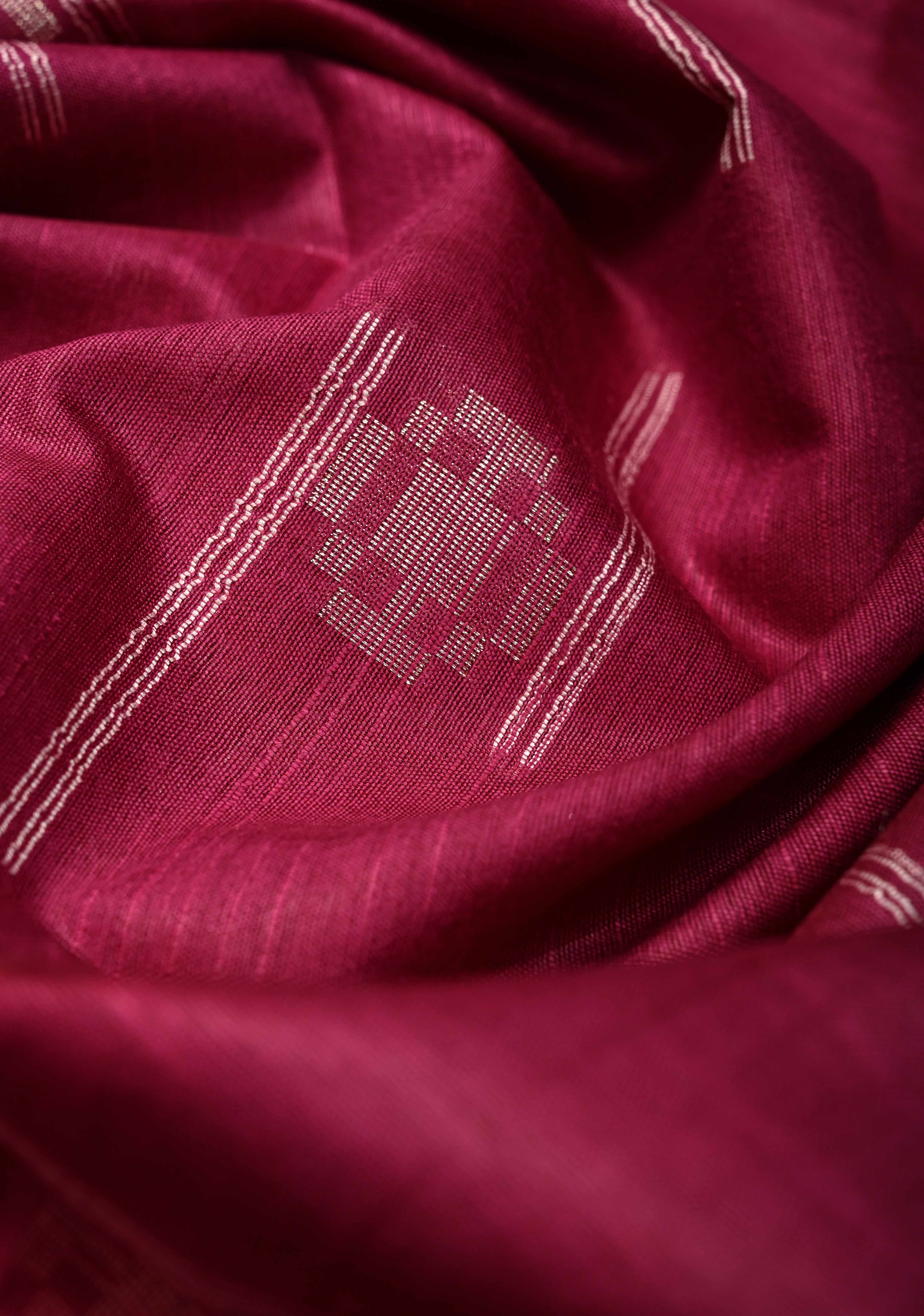 Magenta Borderless Semi Tussar Saree with Thread Stripes and Zari Buttas | Shobitam