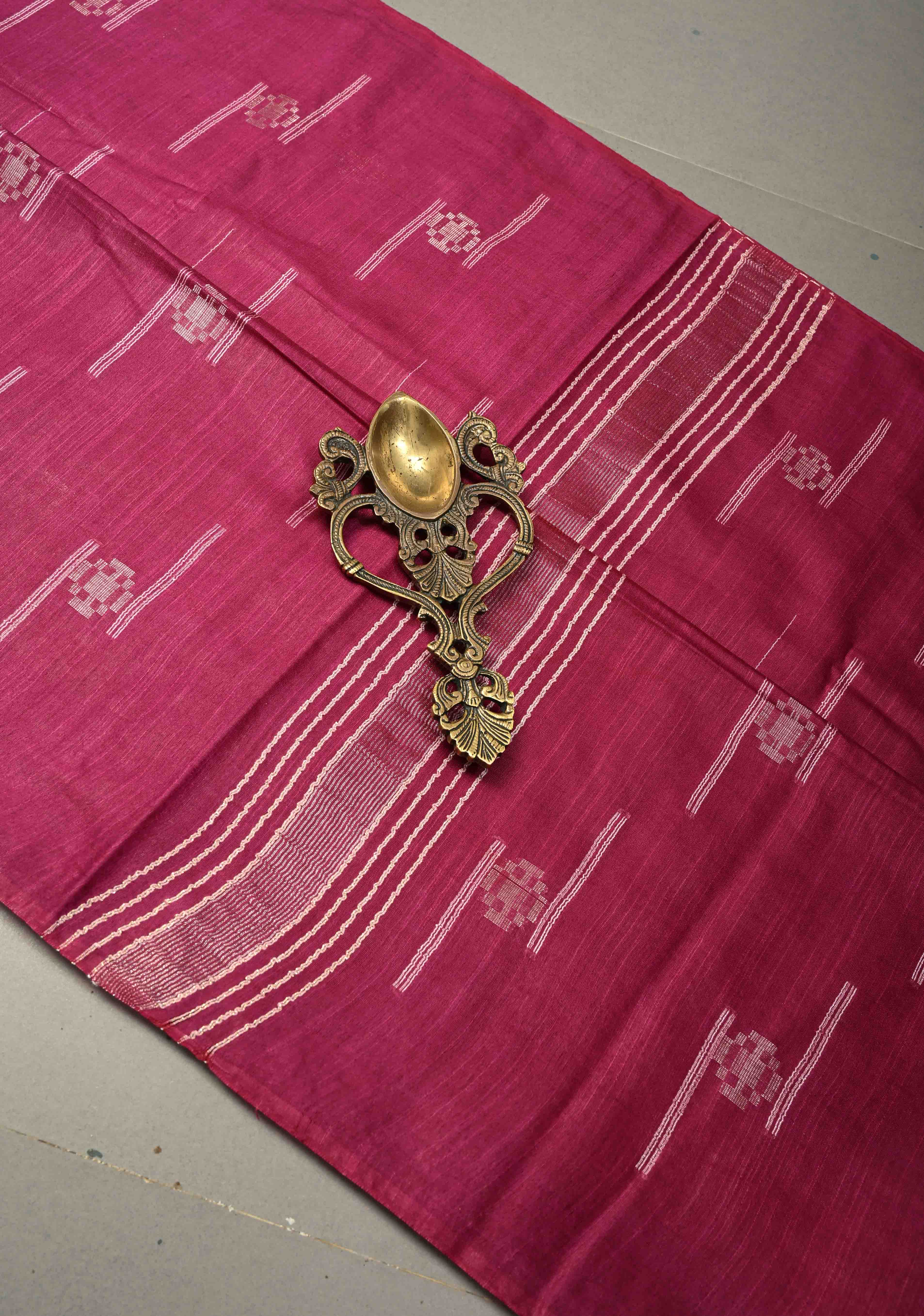 Magenta Borderless Semi Tussar Saree with Thread Stripes and Zari Buttas | Shobitam