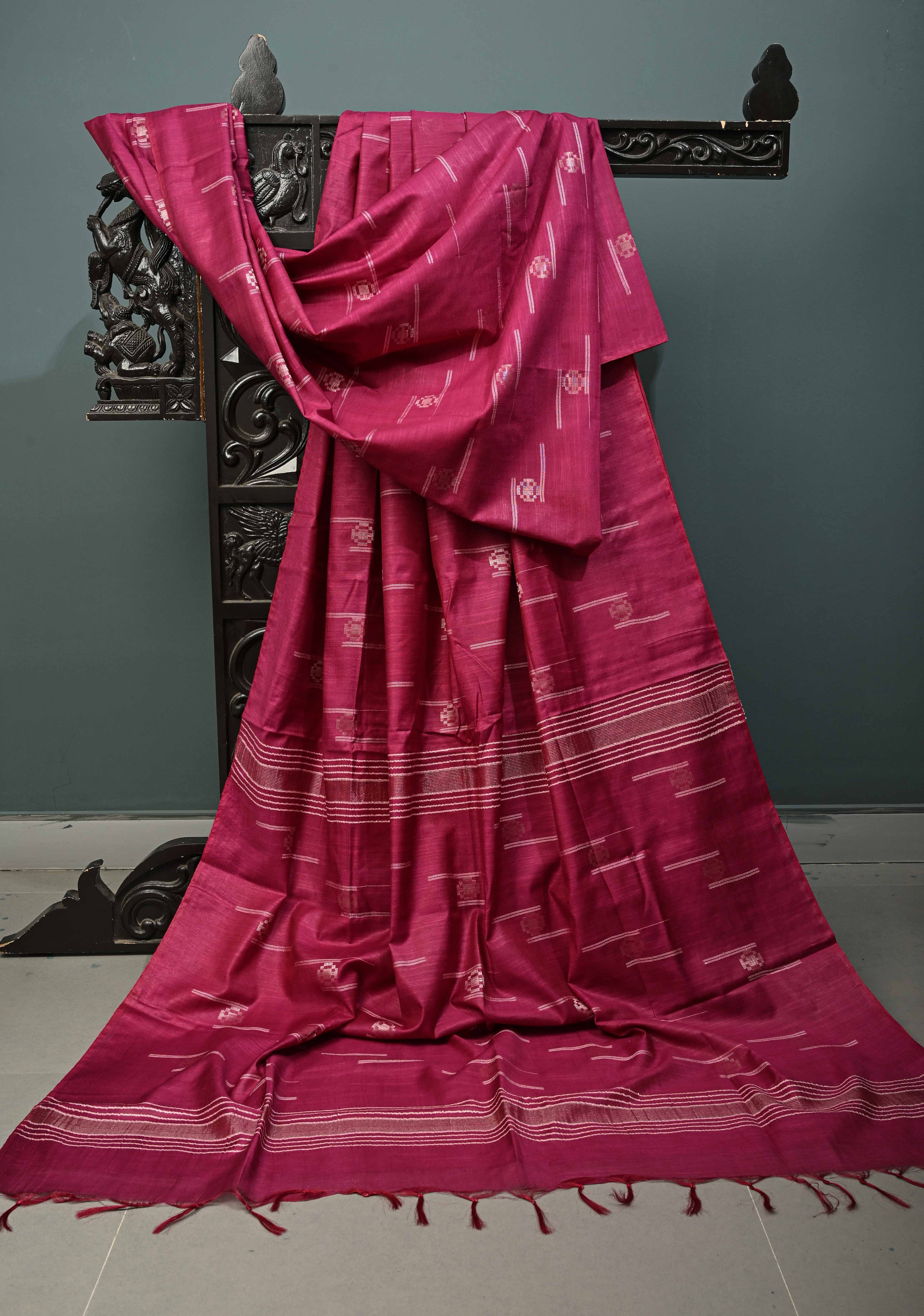 Magenta Borderless Semi Tussar Saree with Thread Stripes and Zari Buttas | Shobitam