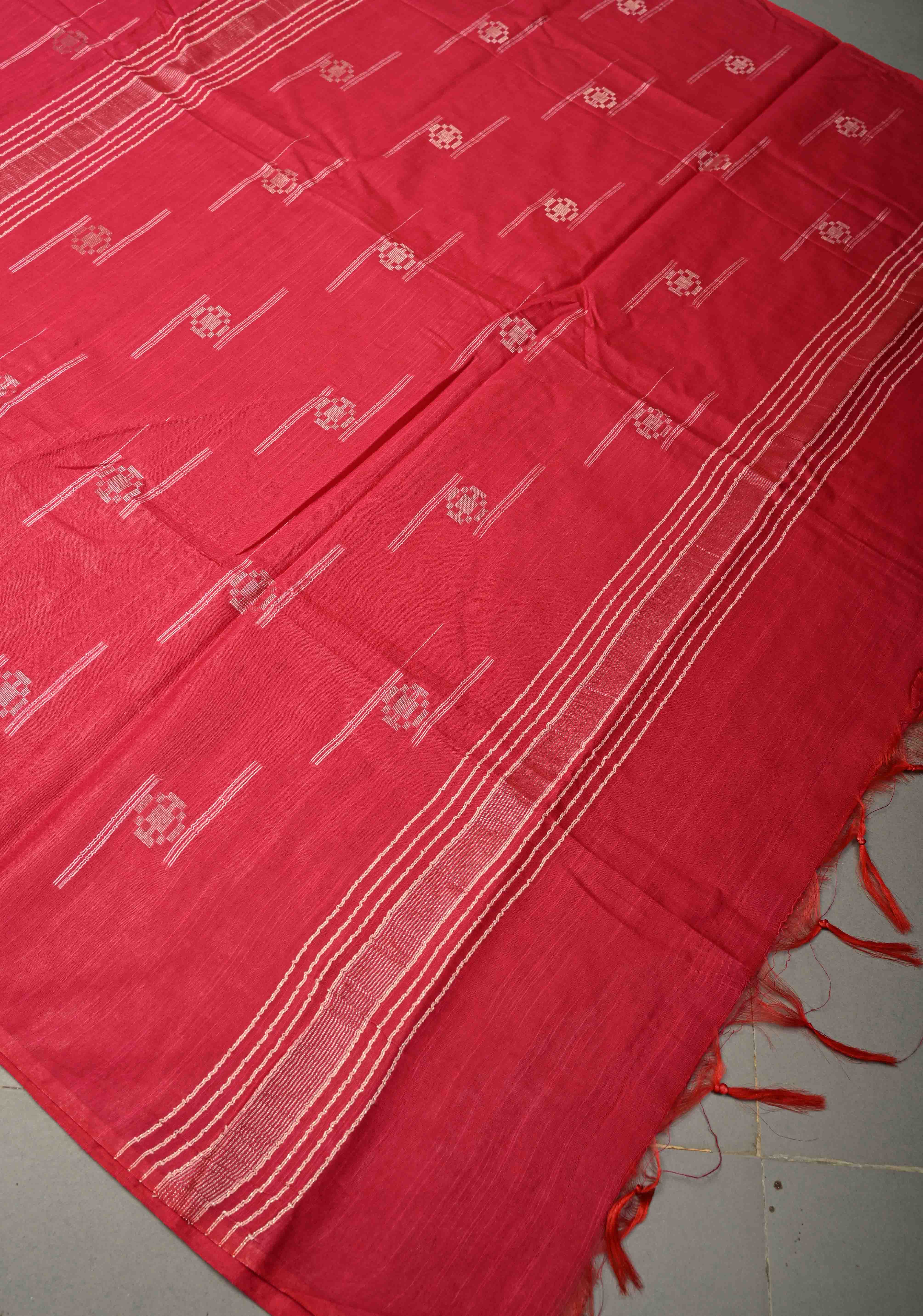 Hot Pink Borderless Semi Tussar Saree with Thread and Zari Buttas | Shobitam