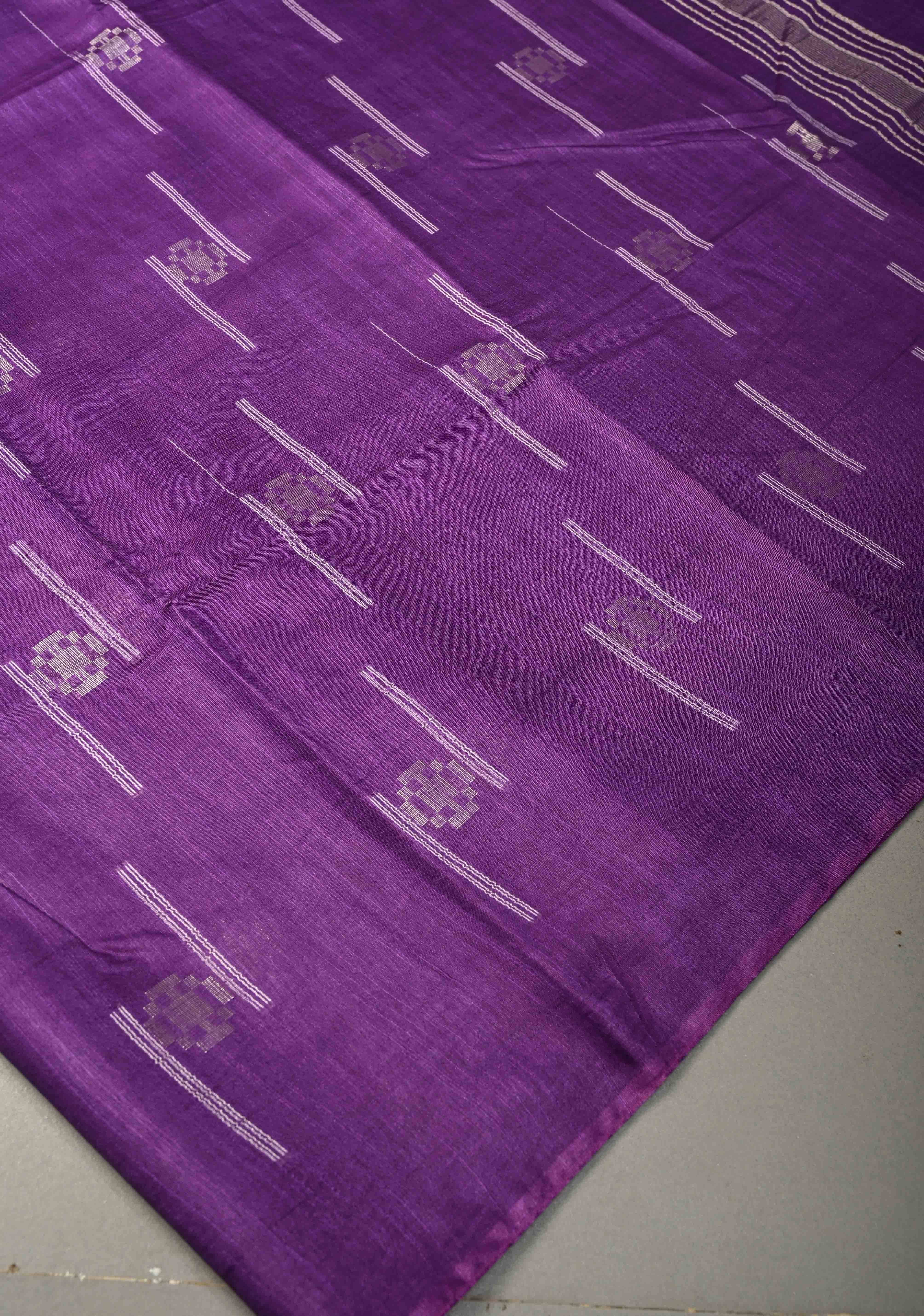 Grape Purple Borderless Semi Tussar Saree with Thread Stripes and Zari Buttas | Shobitam