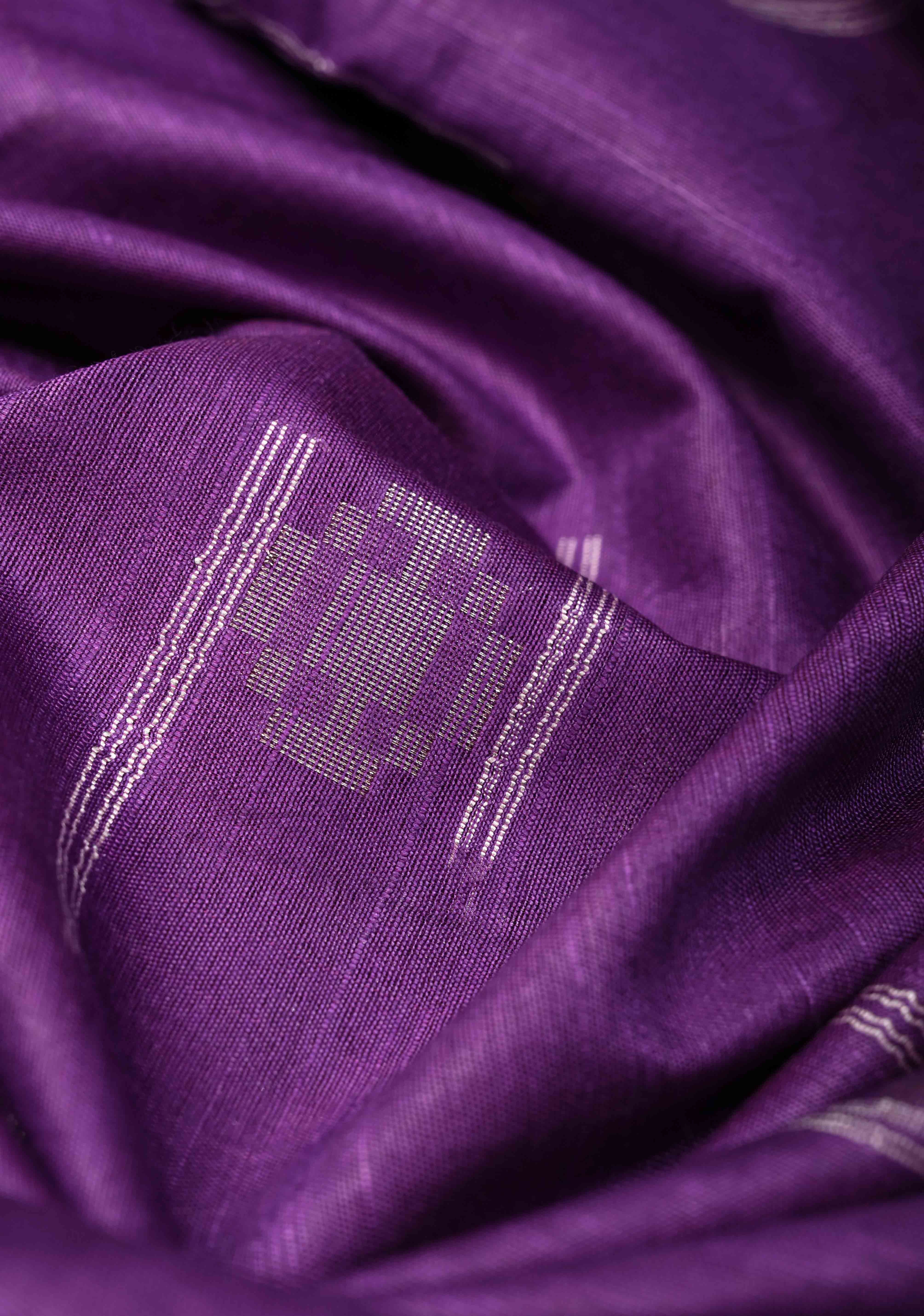 Grape Purple Borderless Semi Tussar Saree with Thread Stripes and Zari Buttas | Shobitam