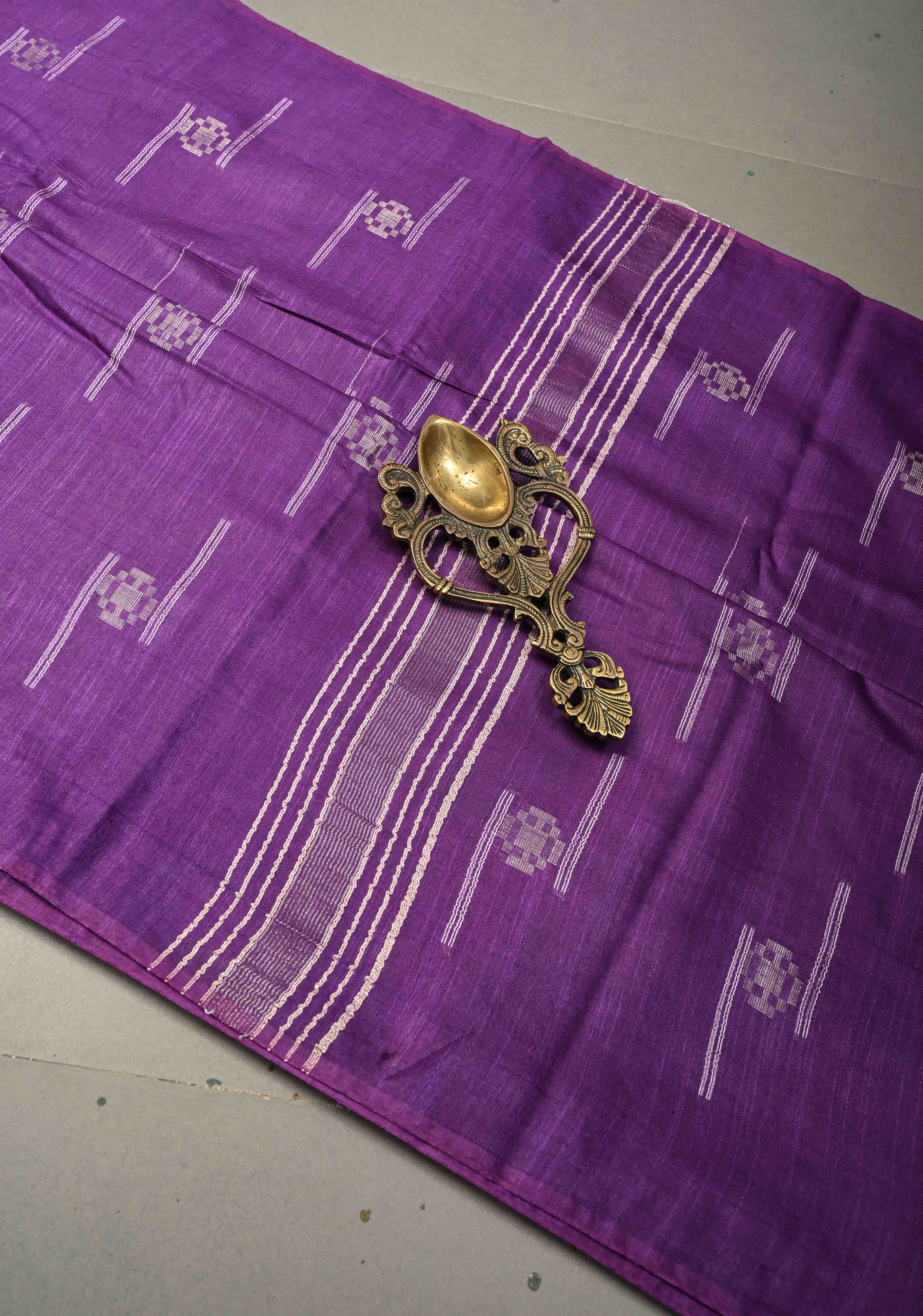 Grape Purple Borderless Semi Tussar Saree with Thread Stripes and Zari Buttas | Shobitam