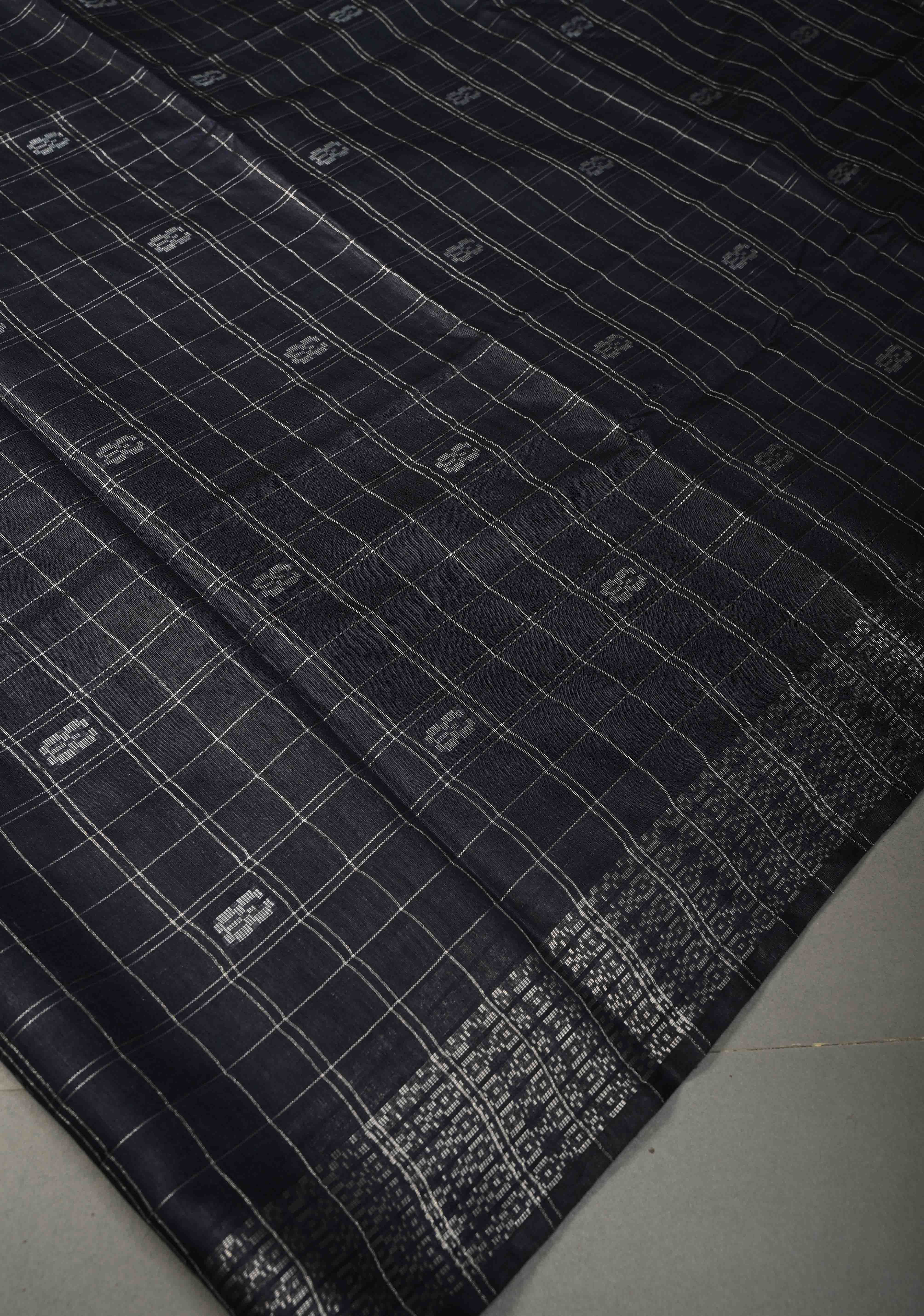 Midnight Blue Zari Checks on Semi Tussar Saree with Zari Buttas and Zari Border | Shobitam