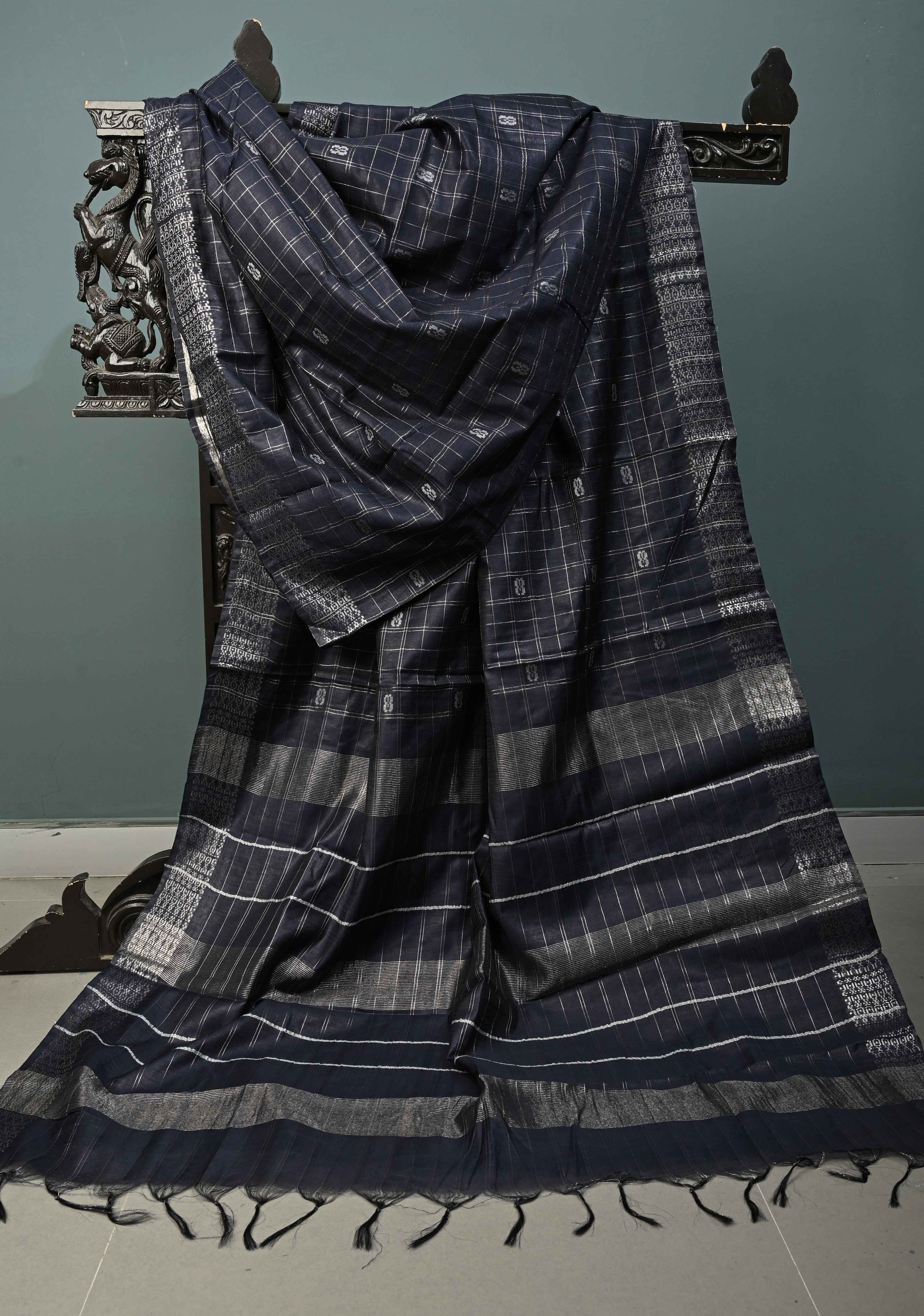 Midnight Blue Zari Checks on Semi Tussar Saree with Zari Buttas and Zari Border | Shobitam