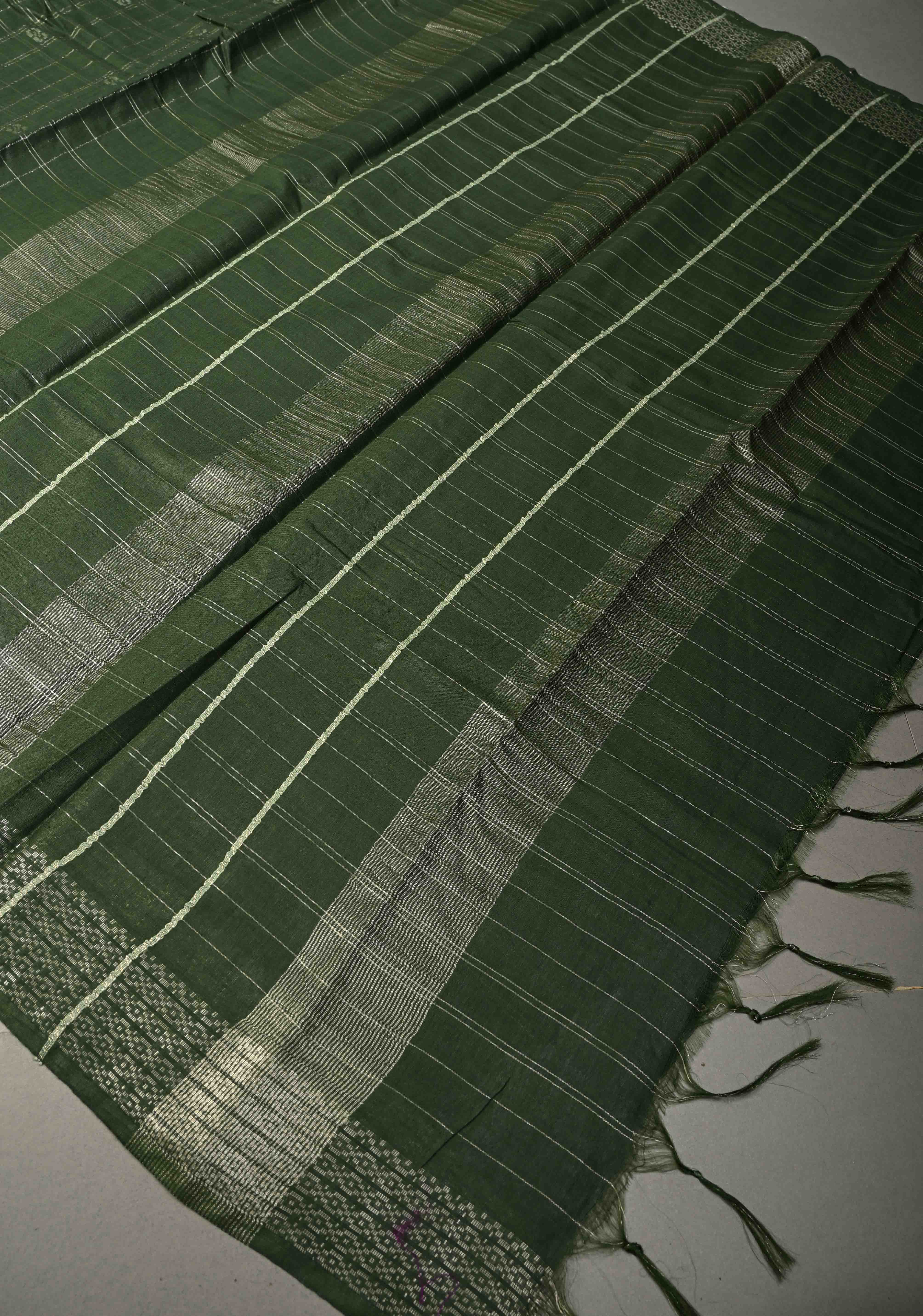 Forest Green Zari Checks on Semi Tussar Saree with Zari Buttas and Zari Border | Shobitam