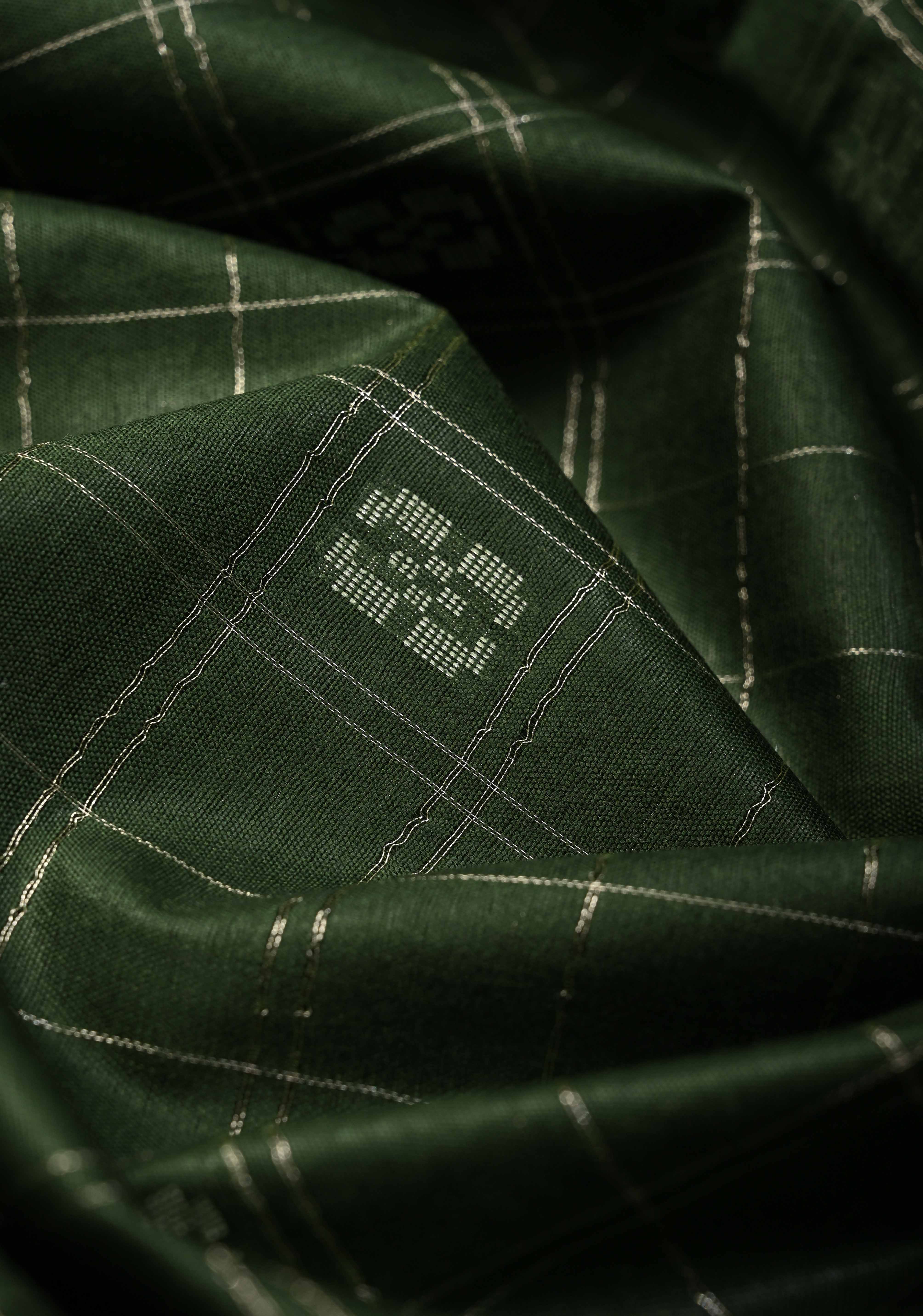 Forest Green Zari Checks on Semi Tussar Saree with Zari Buttas and Zari Border | Shobitam