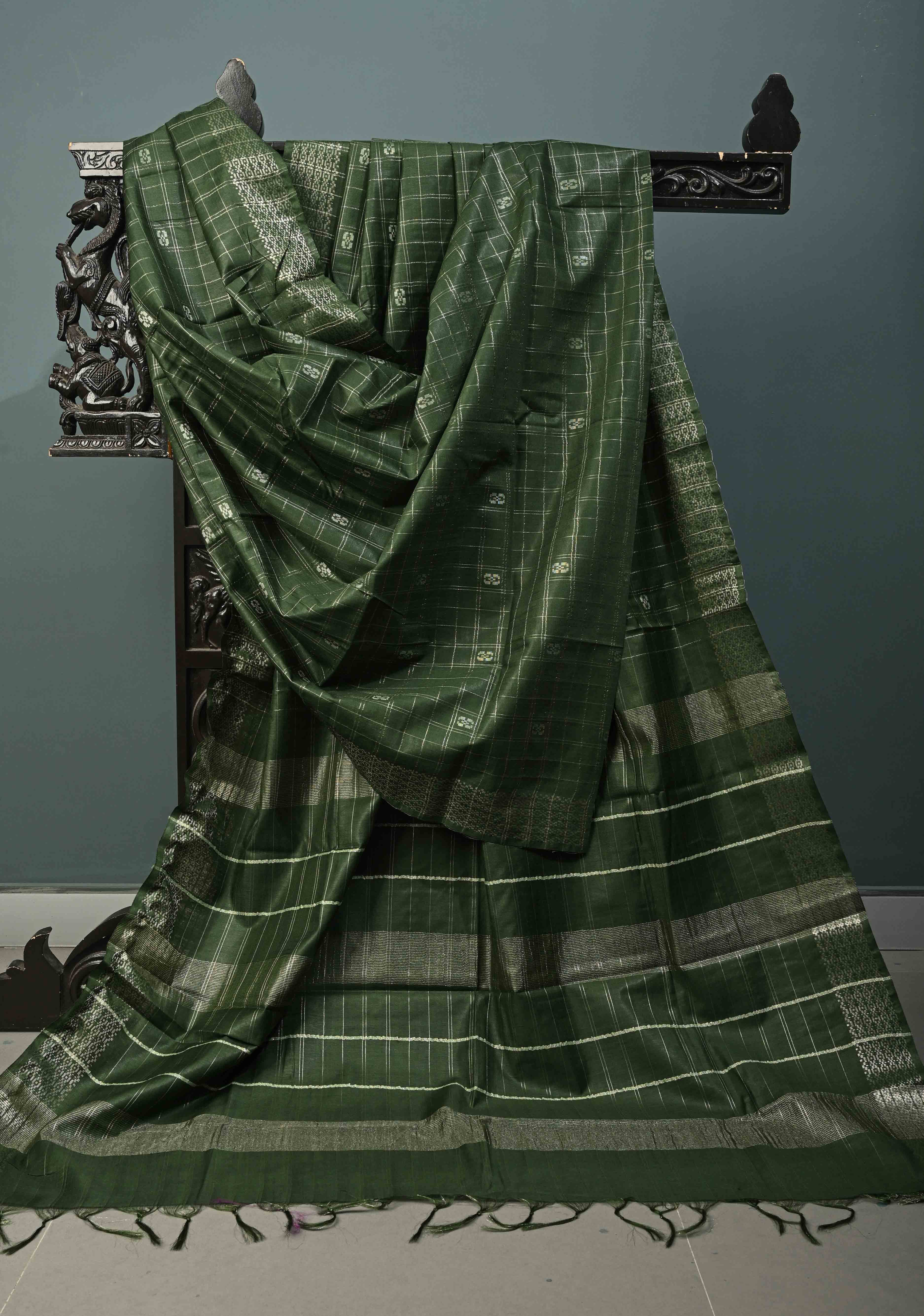 Forest Green Zari Checks on Semi Tussar Saree with Zari Buttas and Zari Border | Shobitam