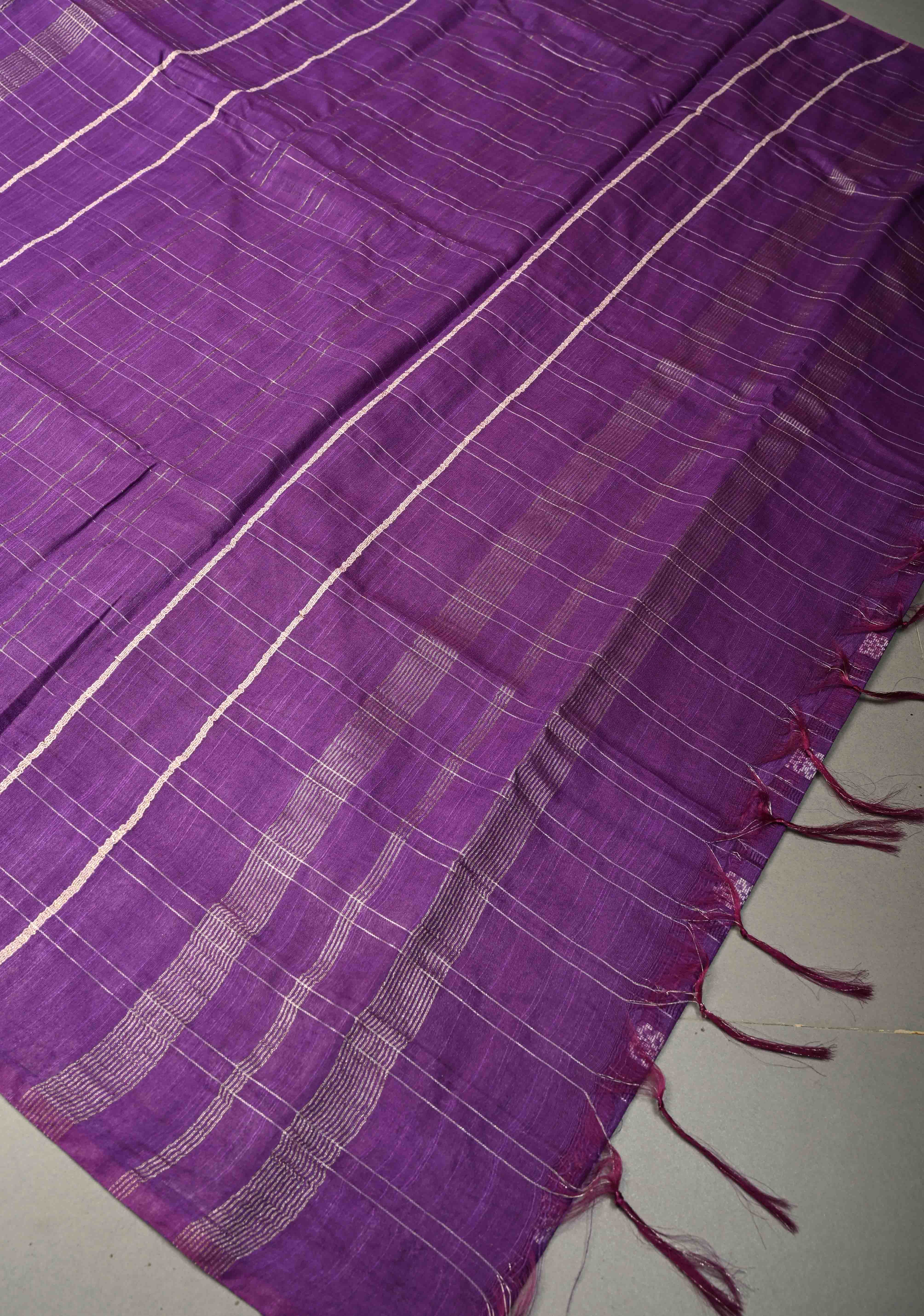 Grape Purple Borderless Semi Tussar Saree with Zari Buttas and Zari Checks | Shobitam