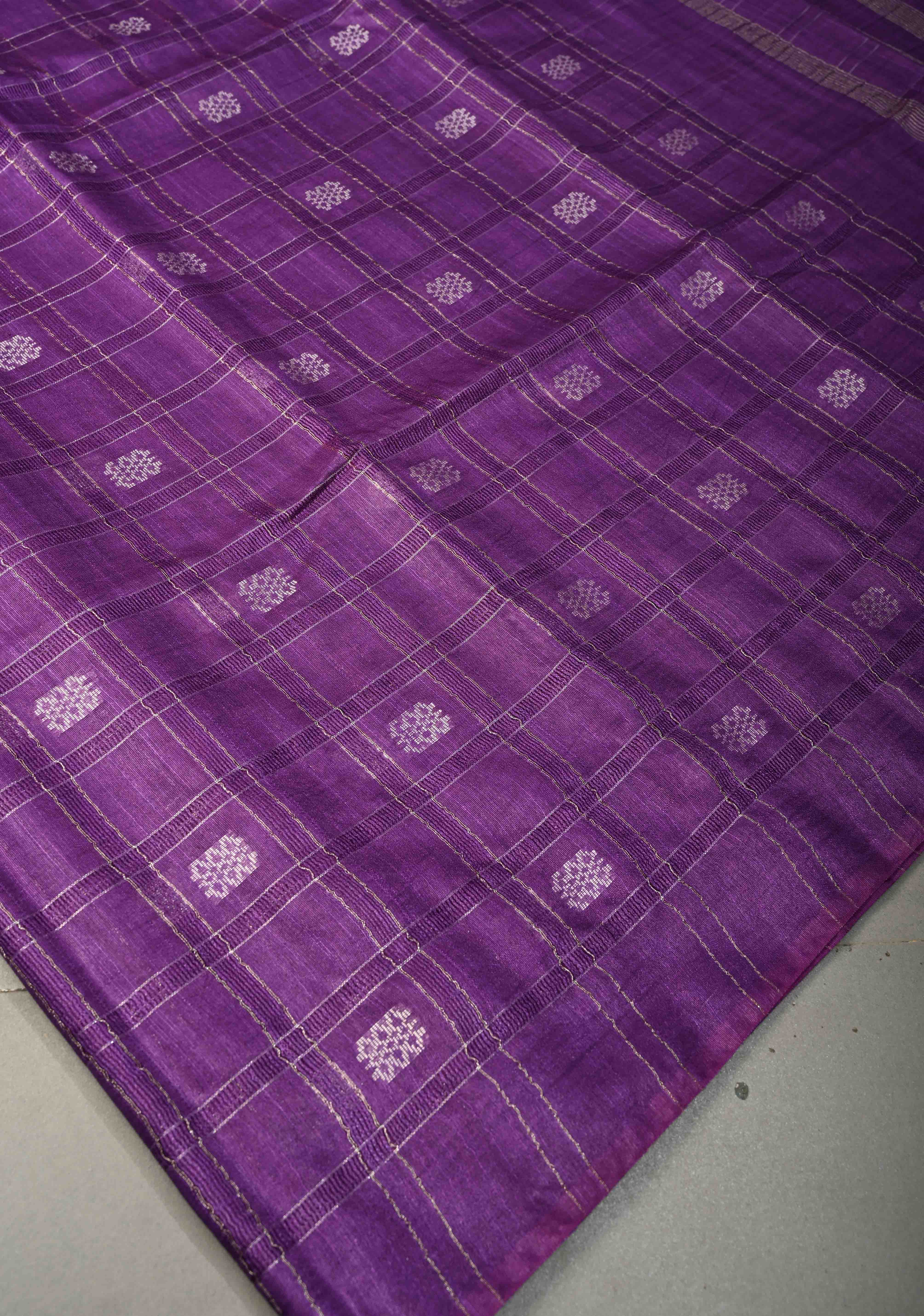 Grape Purple Borderless Semi Tussar Saree with Zari Buttas and Zari Checks | Shobitam
