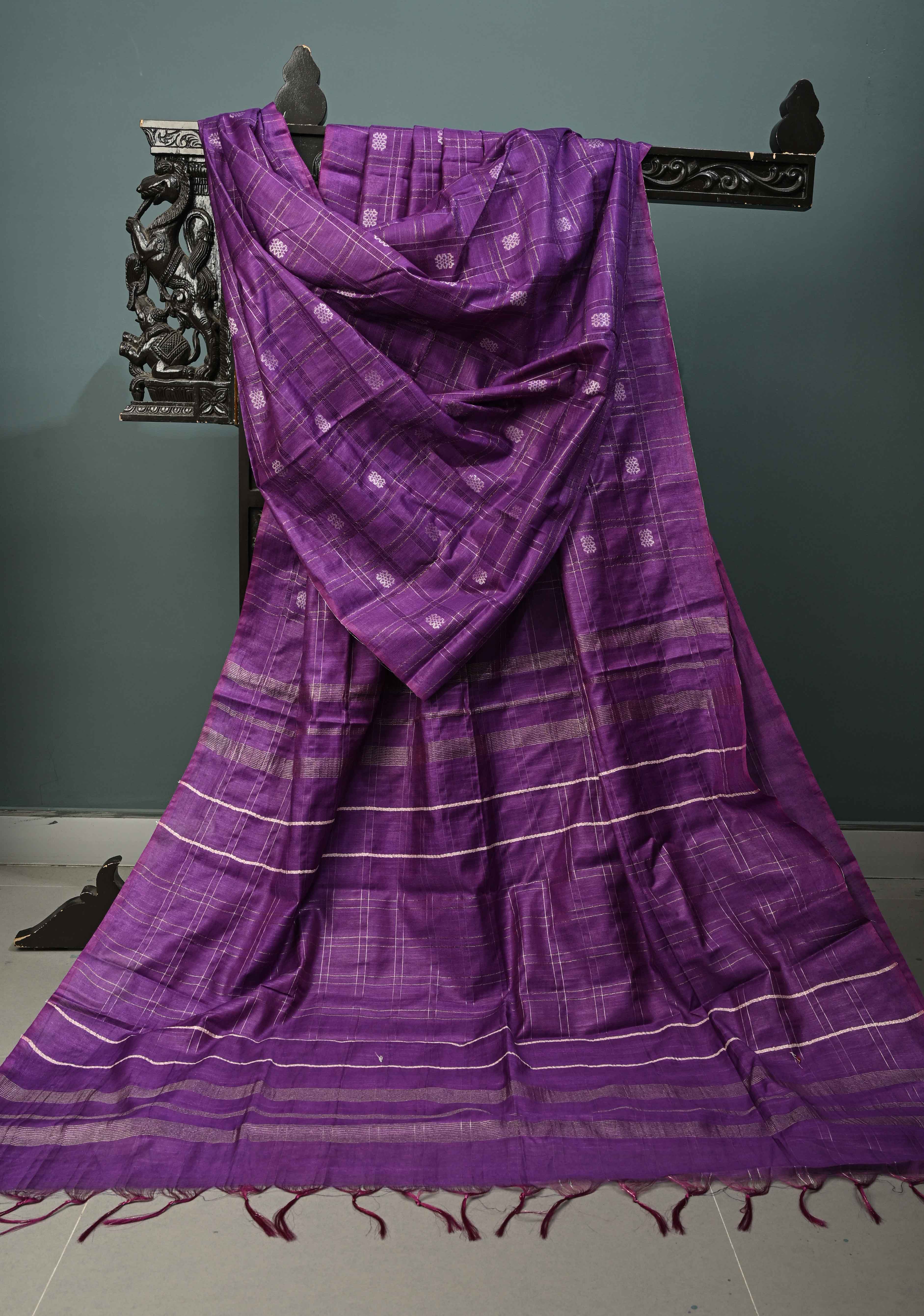 Grape Purple Borderless Semi Tussar Saree with Zari Buttas and Zari Checks | Shobitam