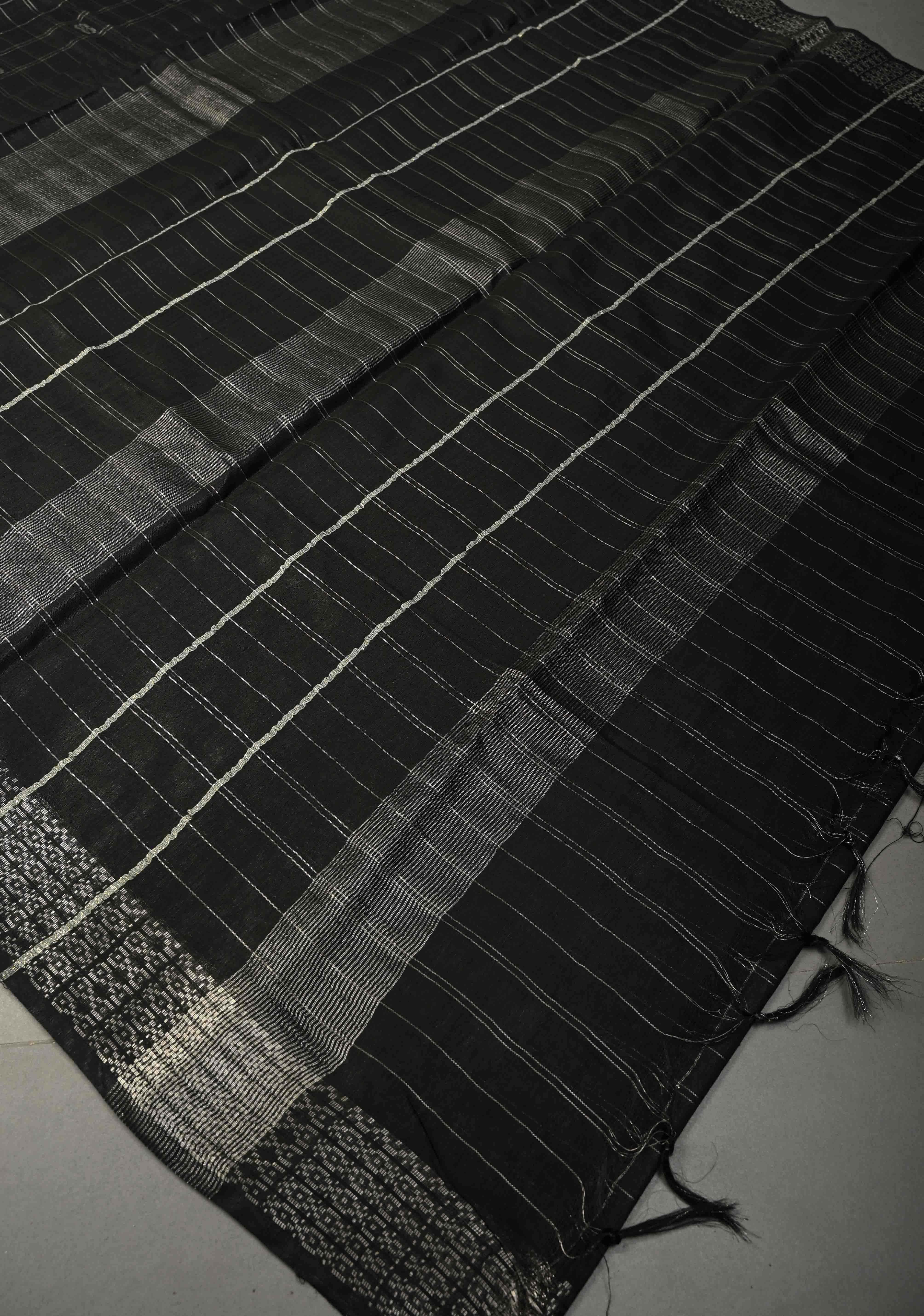 Black Zari Checks on Semi Tussar Saree with Zari Buttas and Zari Border | Shobitam