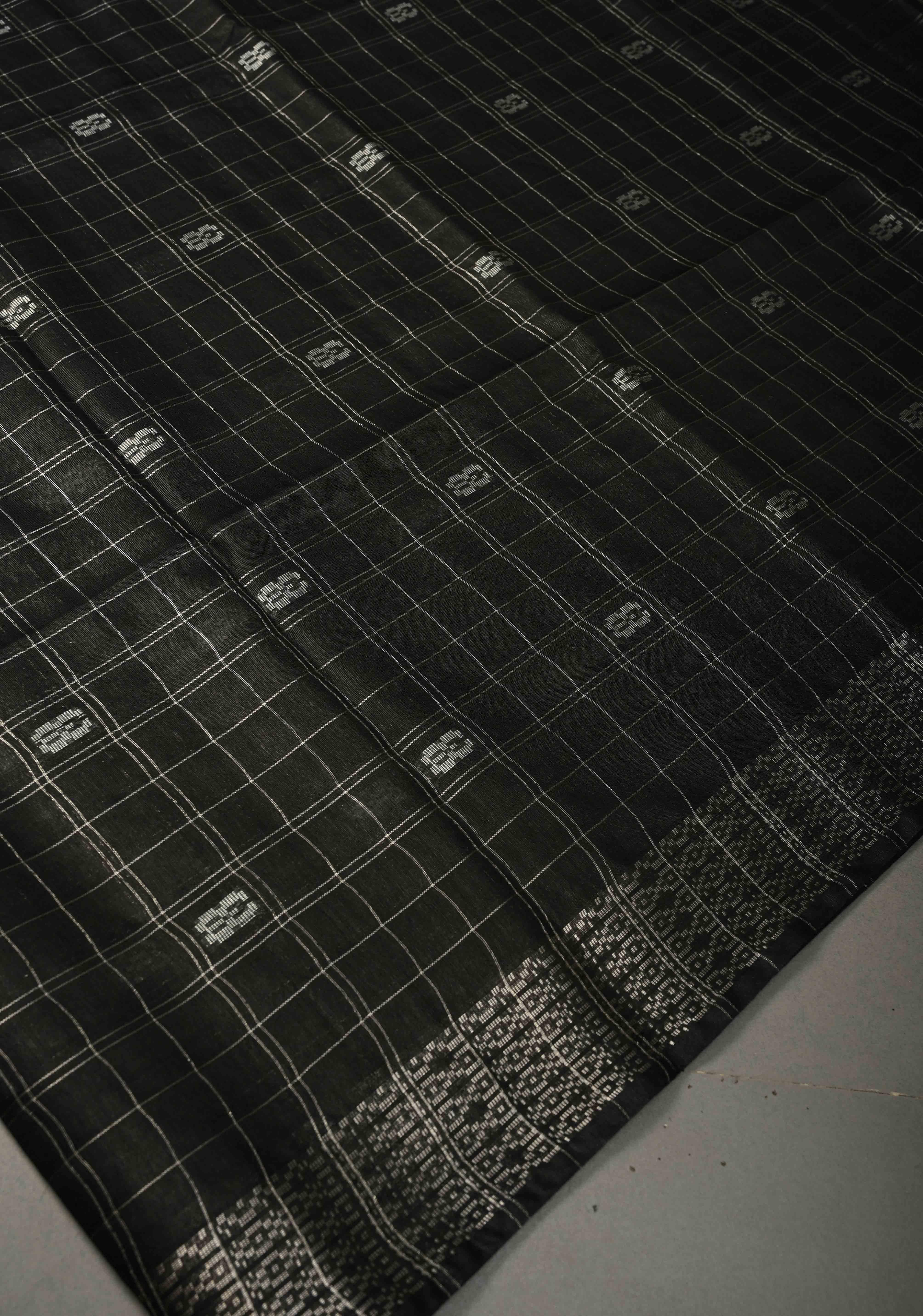 Black Zari Checks on Semi Tussar Saree with Zari Buttas and Zari Border | Shobitam
