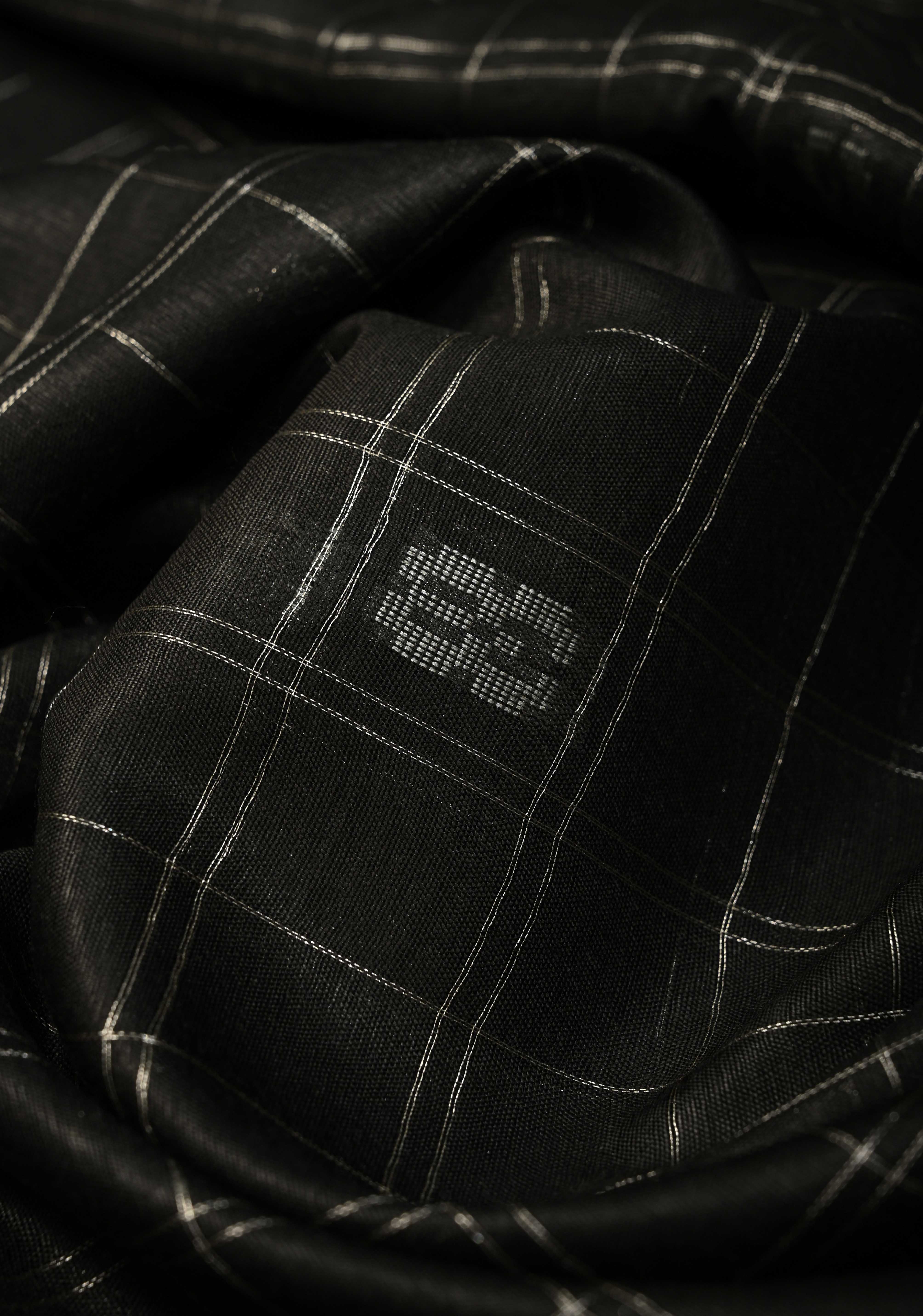 Black Zari Checks on Semi Tussar Saree with Zari Buttas and Zari Border | Shobitam