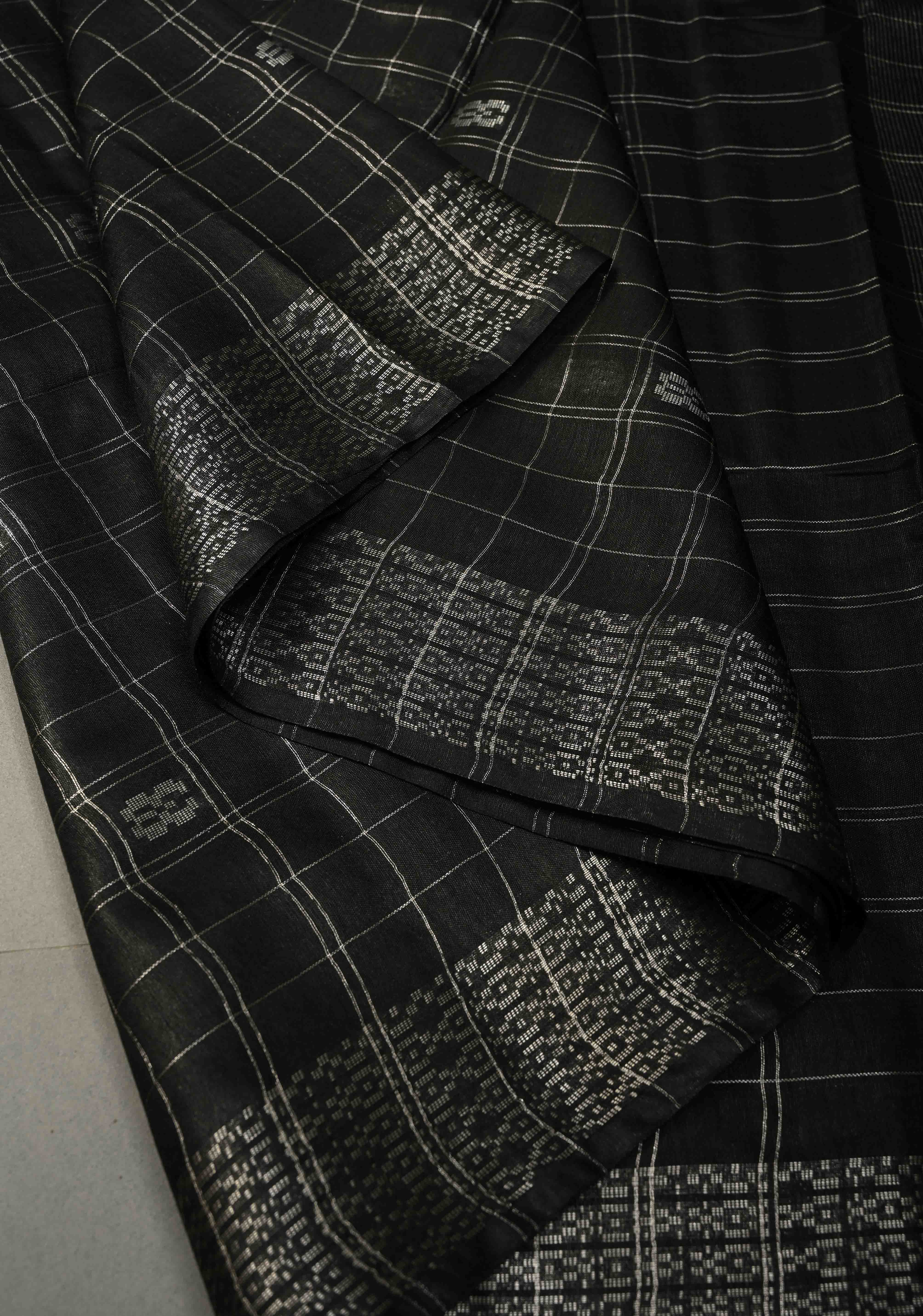 Black Zari Checks on Semi Tussar Saree with Zari Buttas and Zari Border | Shobitam