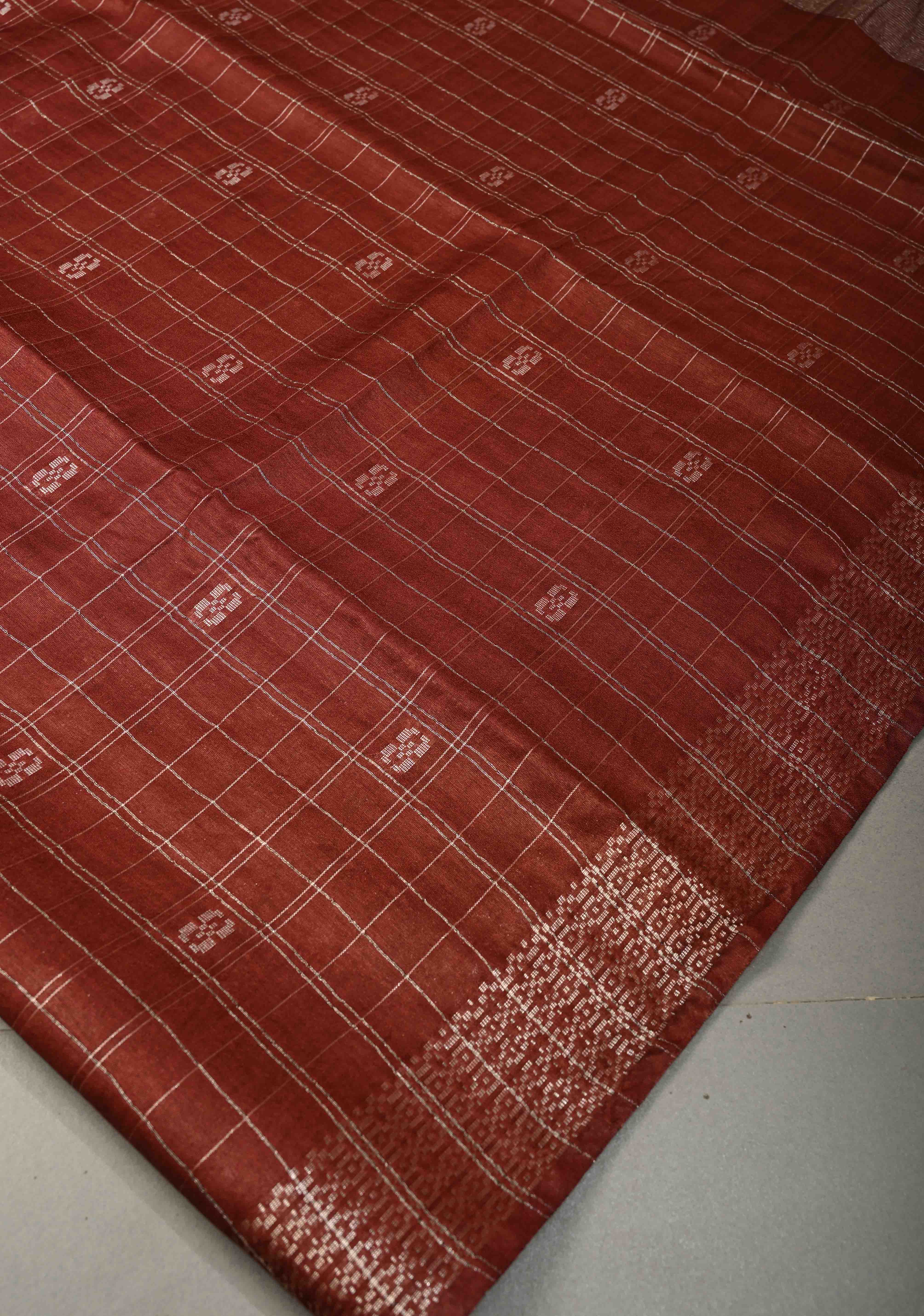 Brown Checks on Semi Tussar Saree with Zari Buttas and Borders | Shobitam