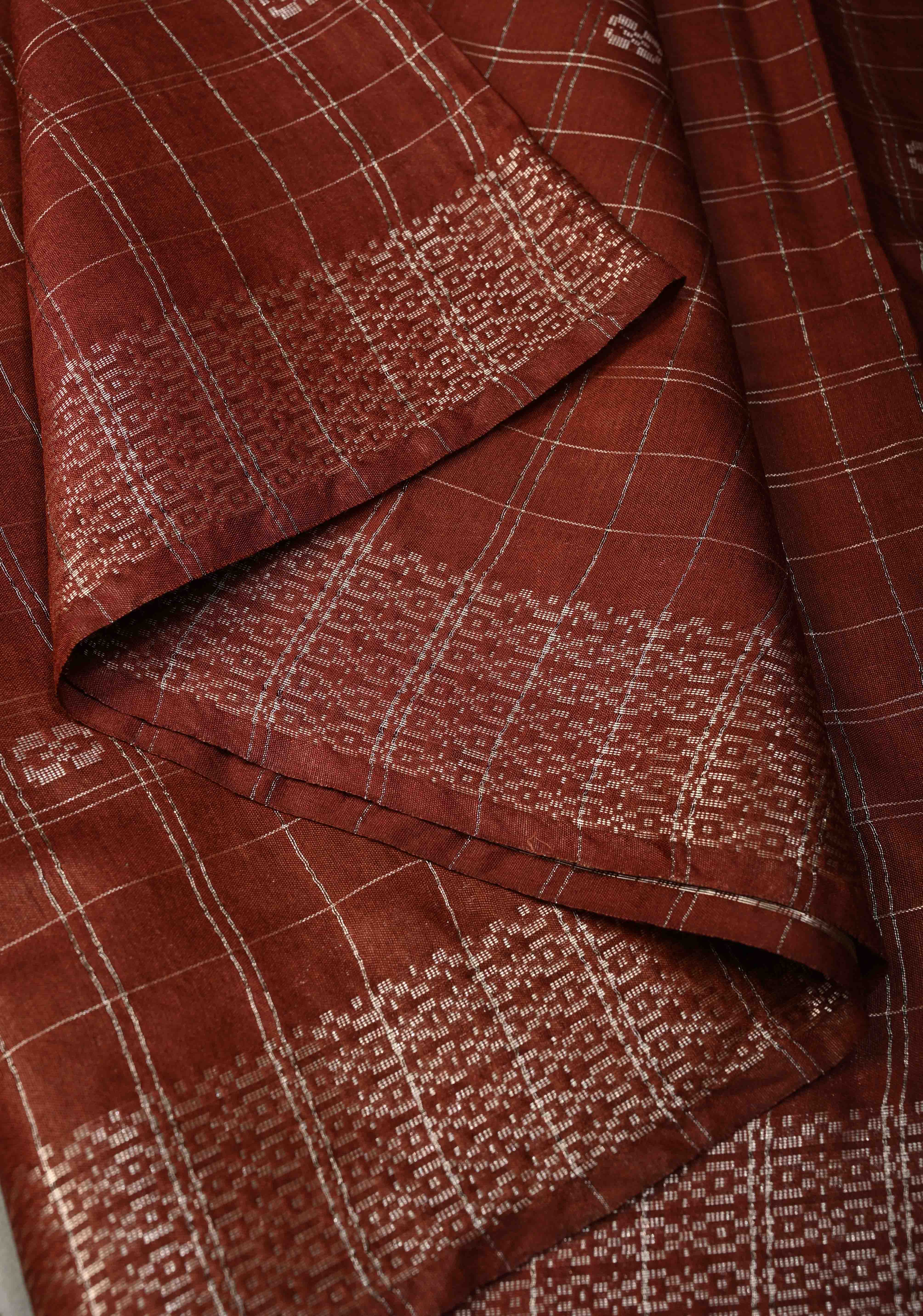 Brown Checks on Semi Tussar Saree with Zari Buttas and Borders | Shobitam