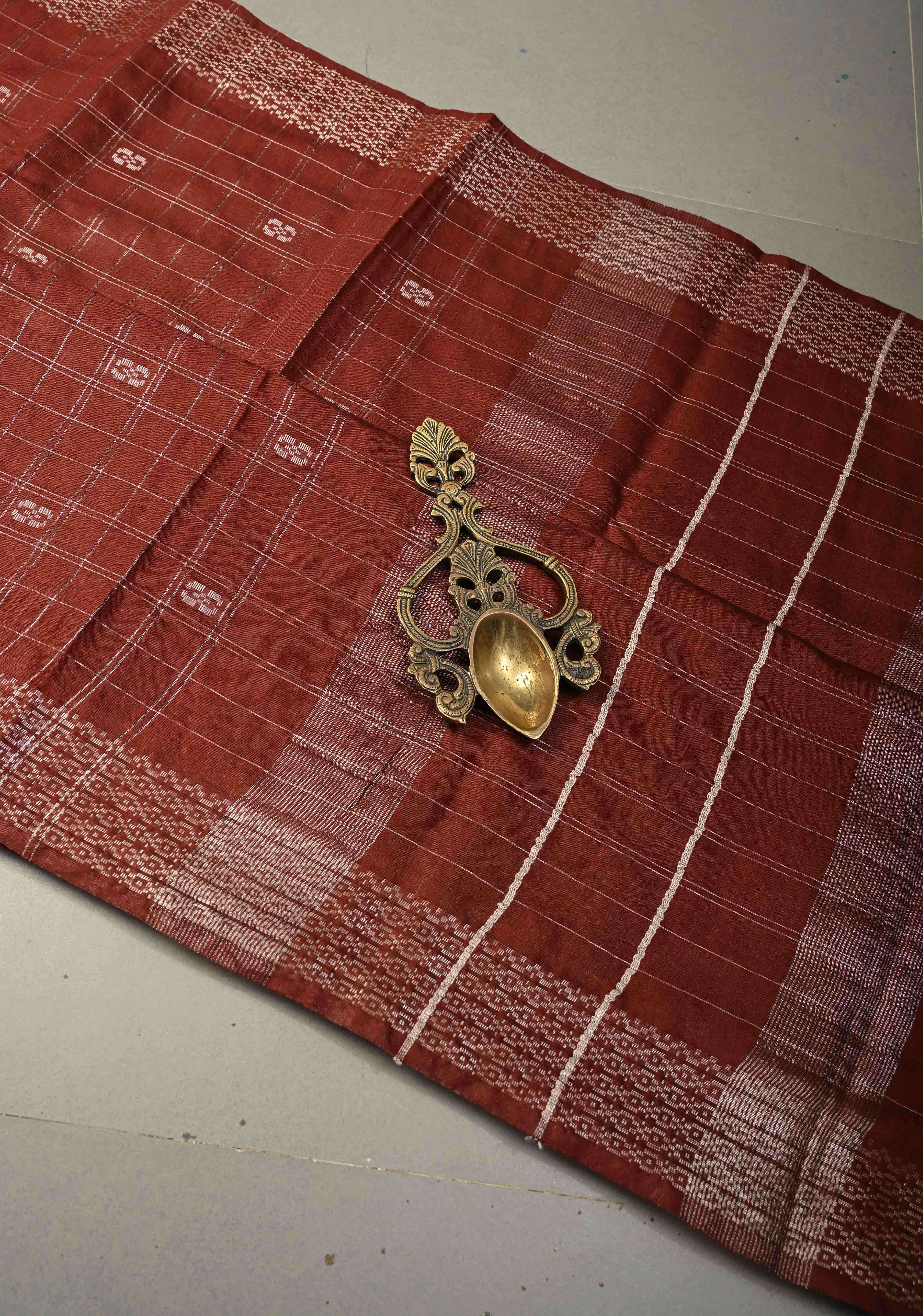 Brown Checks on Semi Tussar Saree with Zari Buttas and Borders | Shobitam