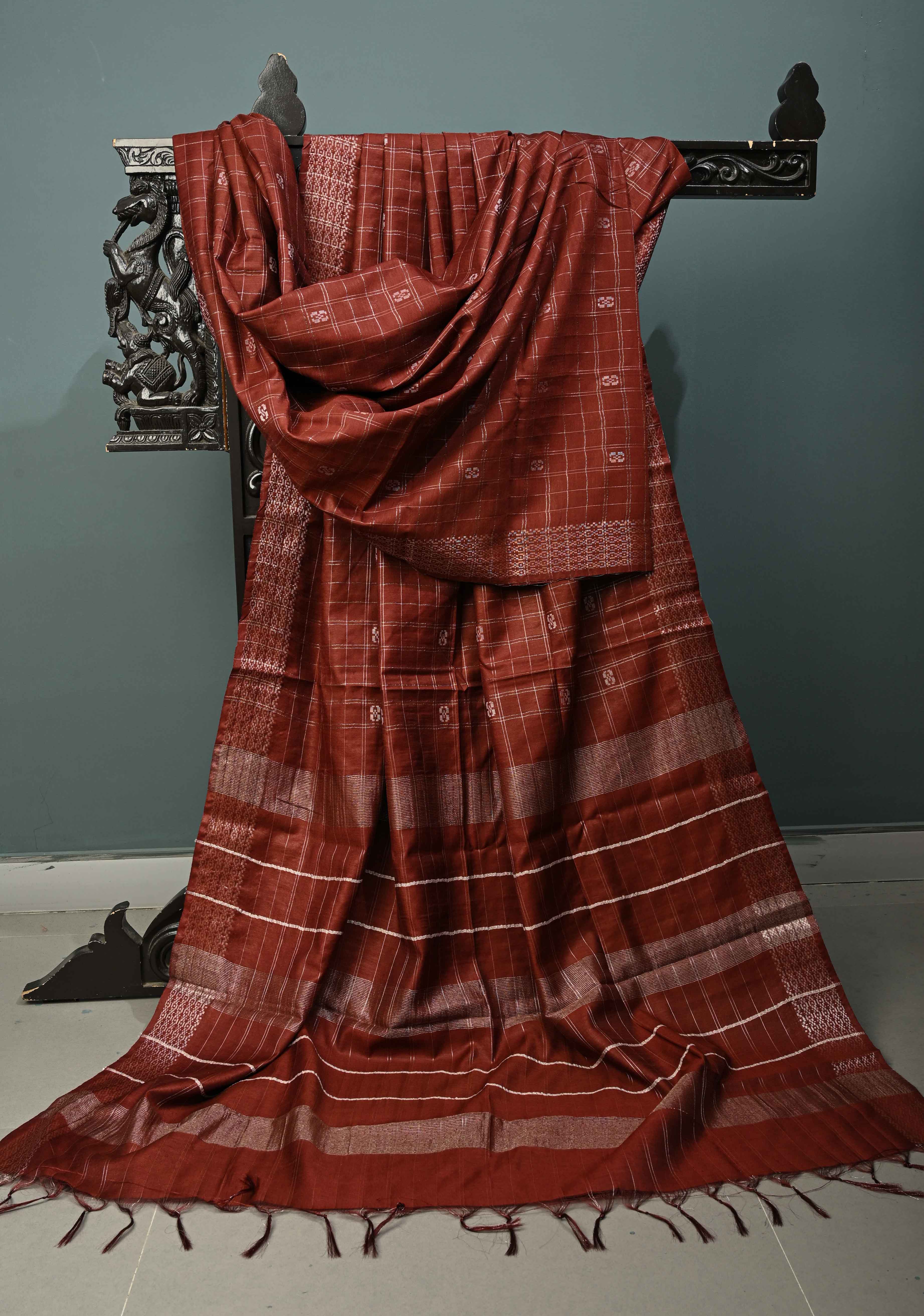 Brown Checks on Semi Tussar Saree with Zari Buttas and Borders | Shobitam