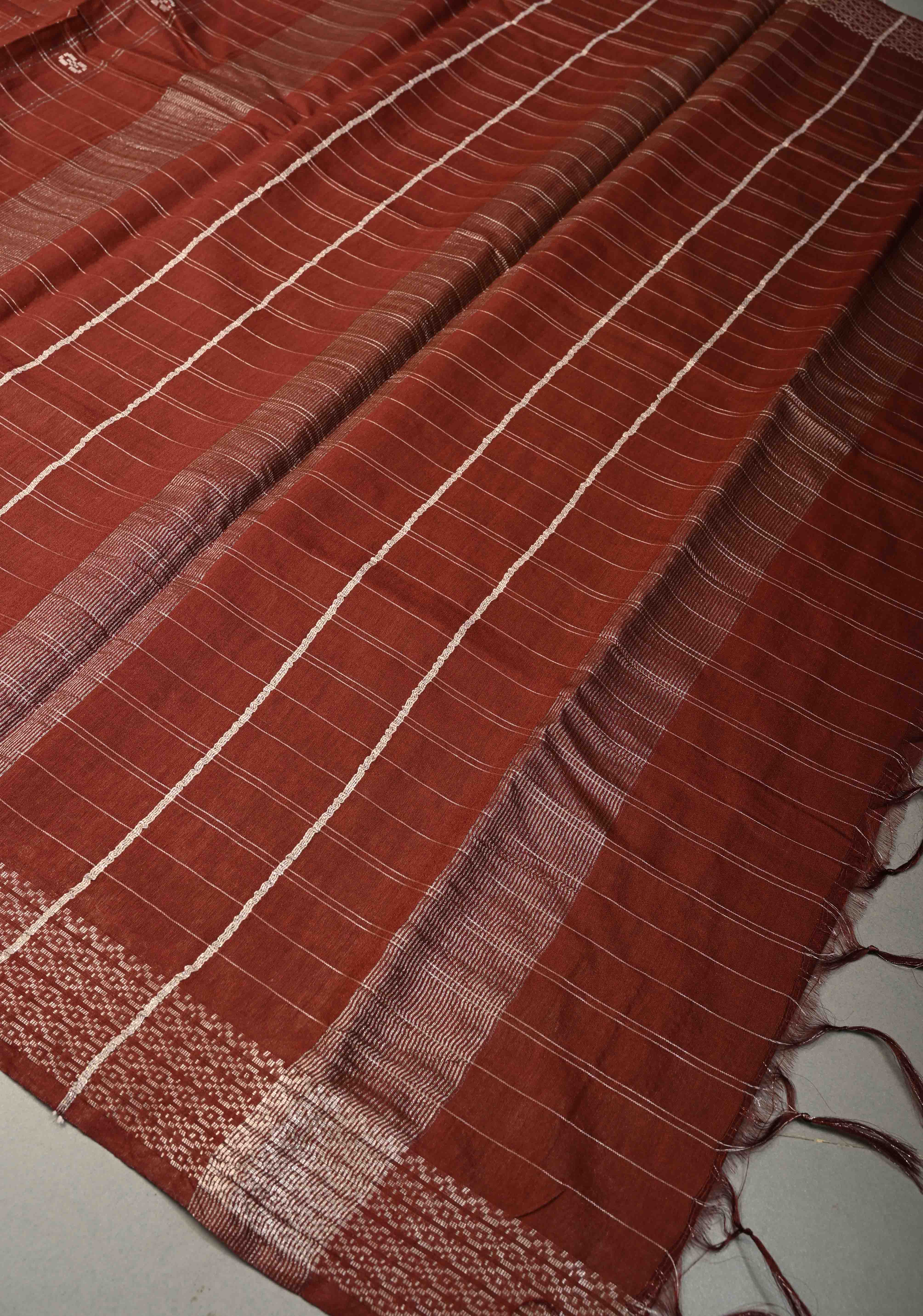 Brown Checks on Semi Tussar Saree with Zari Buttas and Borders | Shobitam