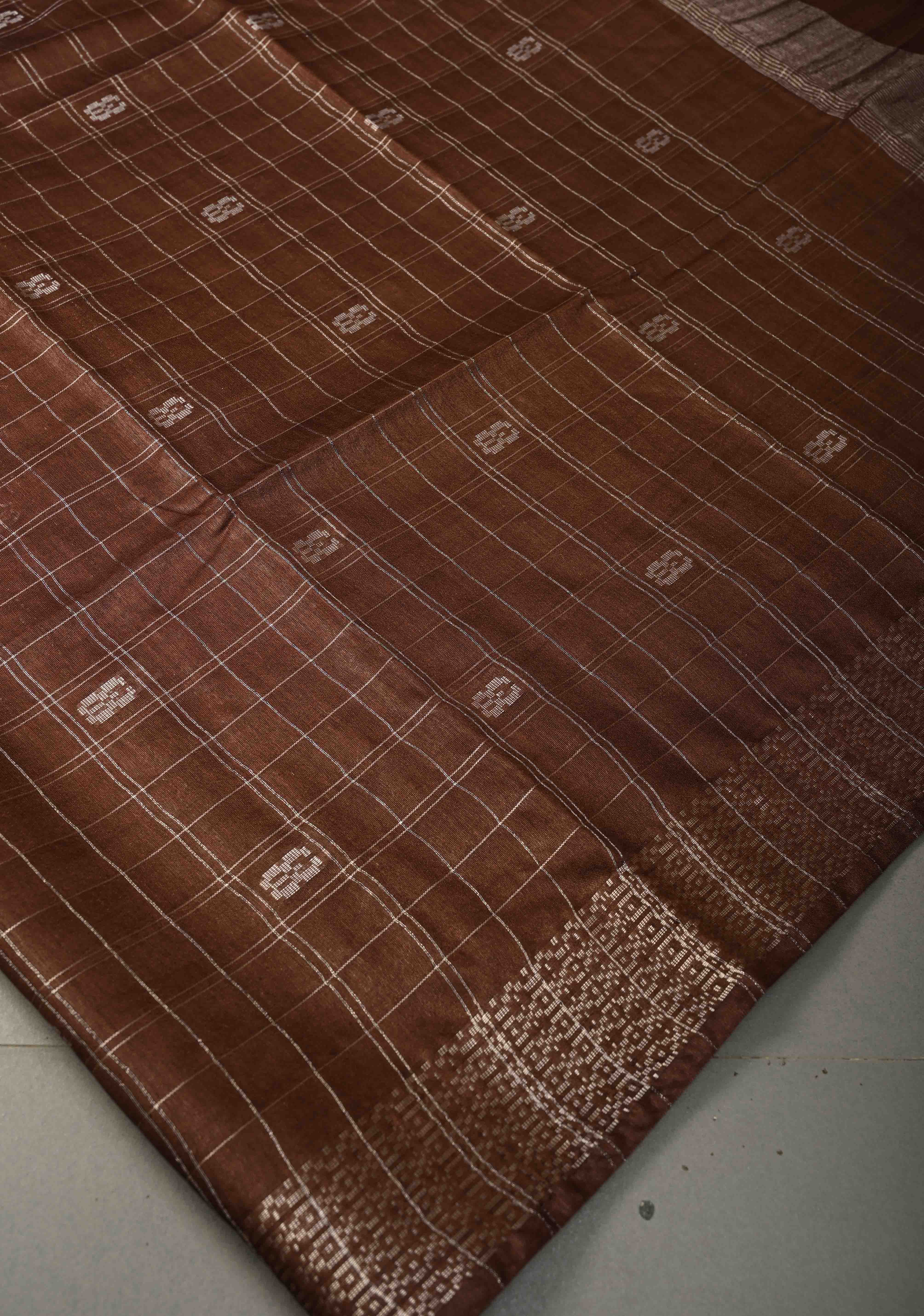 Coffee Brown Zari Checks on Semi Tussar Saree with Zari Buttas and Zari Border | Shobitam