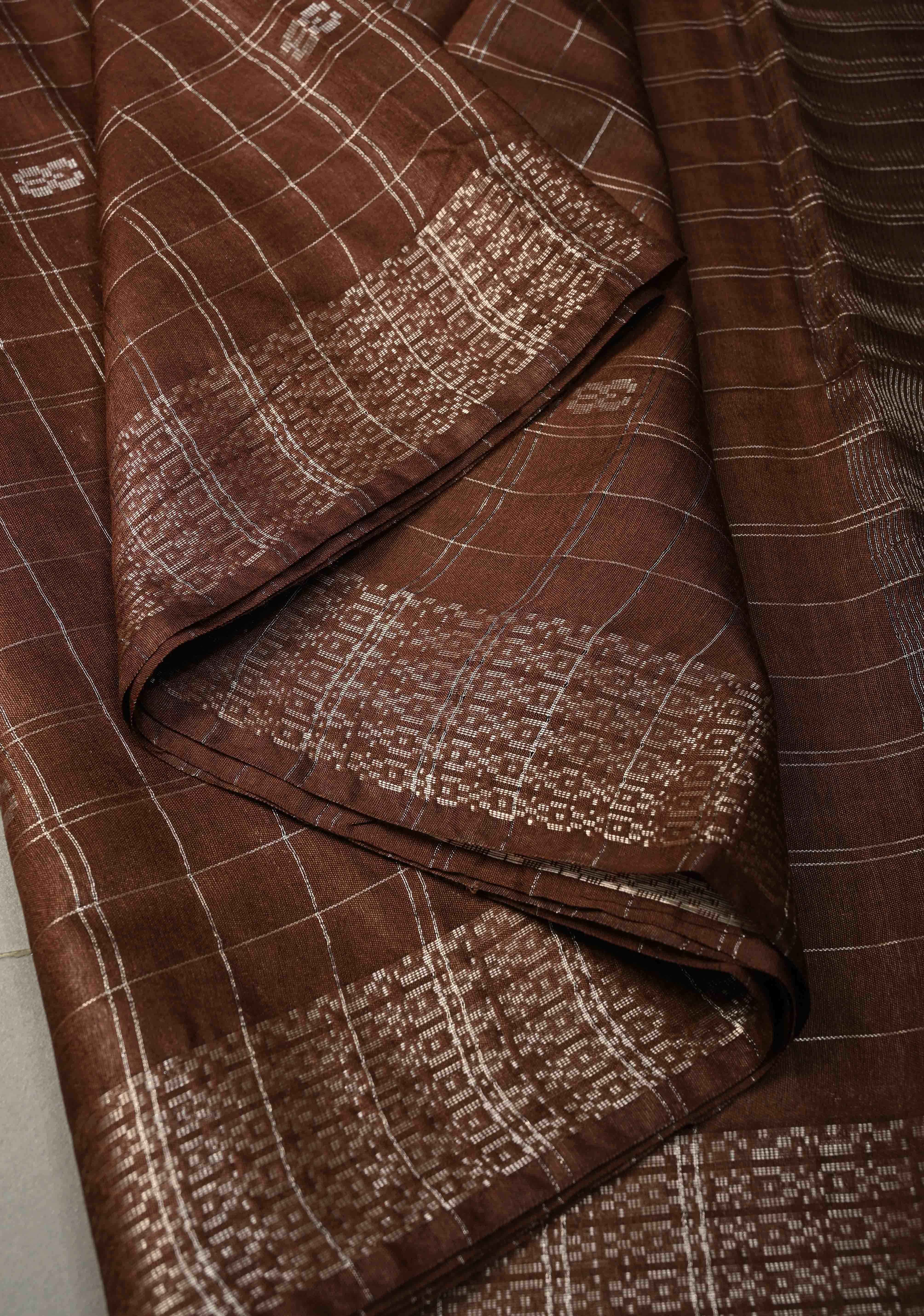 Coffee Brown Zari Checks on Semi Tussar Saree with Zari Buttas and Zari Border | Shobitam