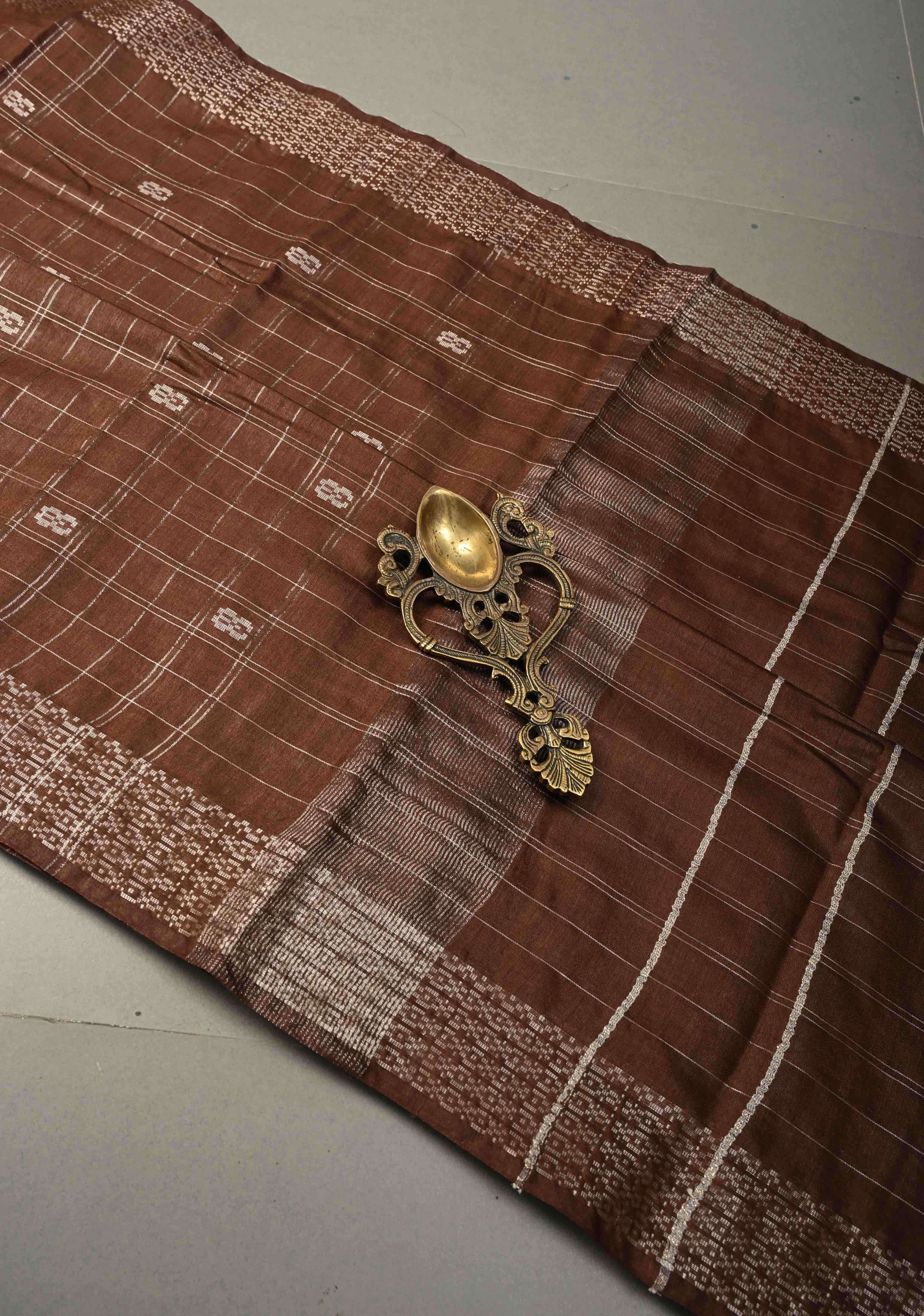 Coffee Brown Zari Checks on Semi Tussar Saree with Zari Buttas and Zari Border | Shobitam