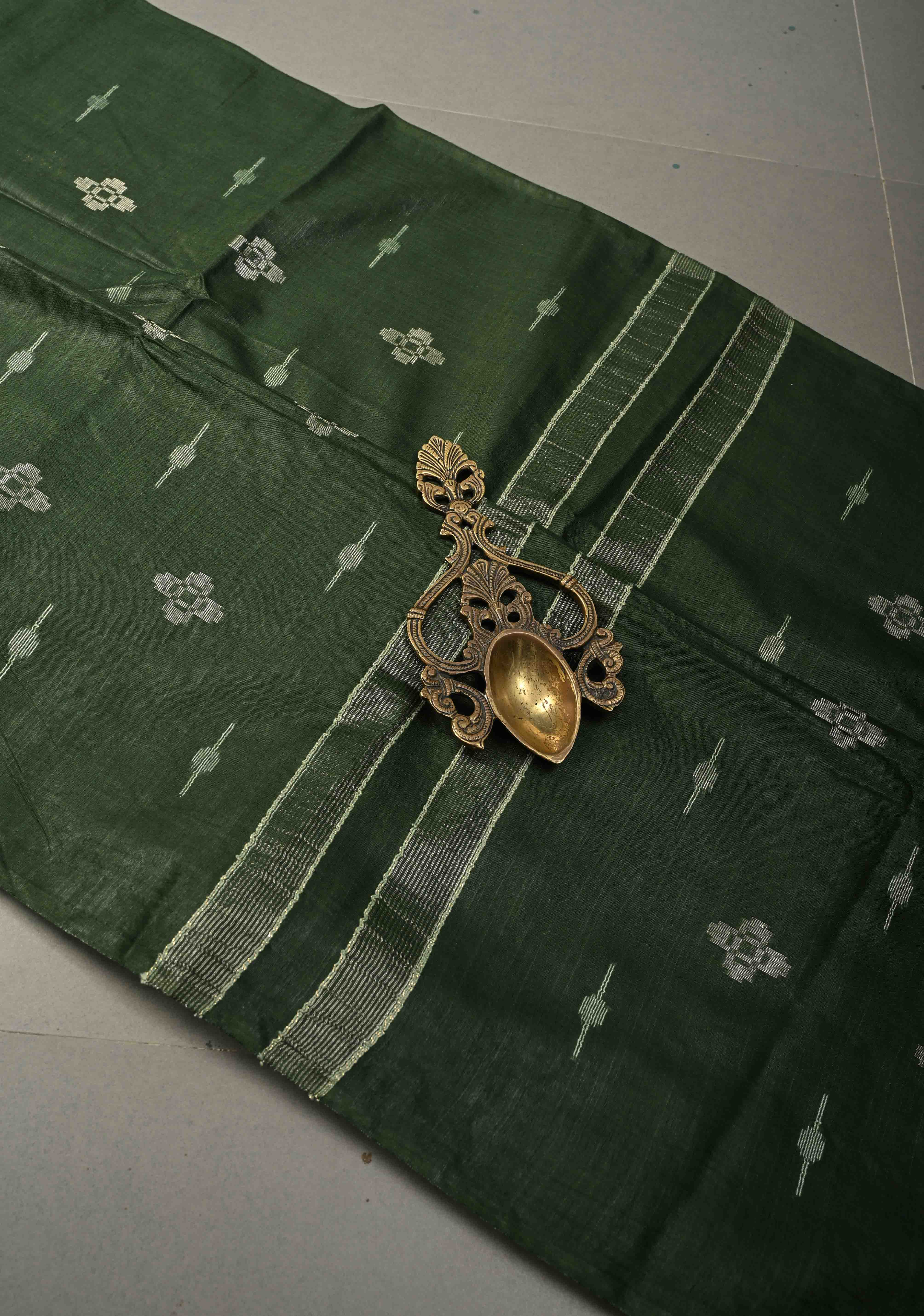 Forest Green Borderless Semi Tussar Saree with Thread and Zari Buttas | Shobitam