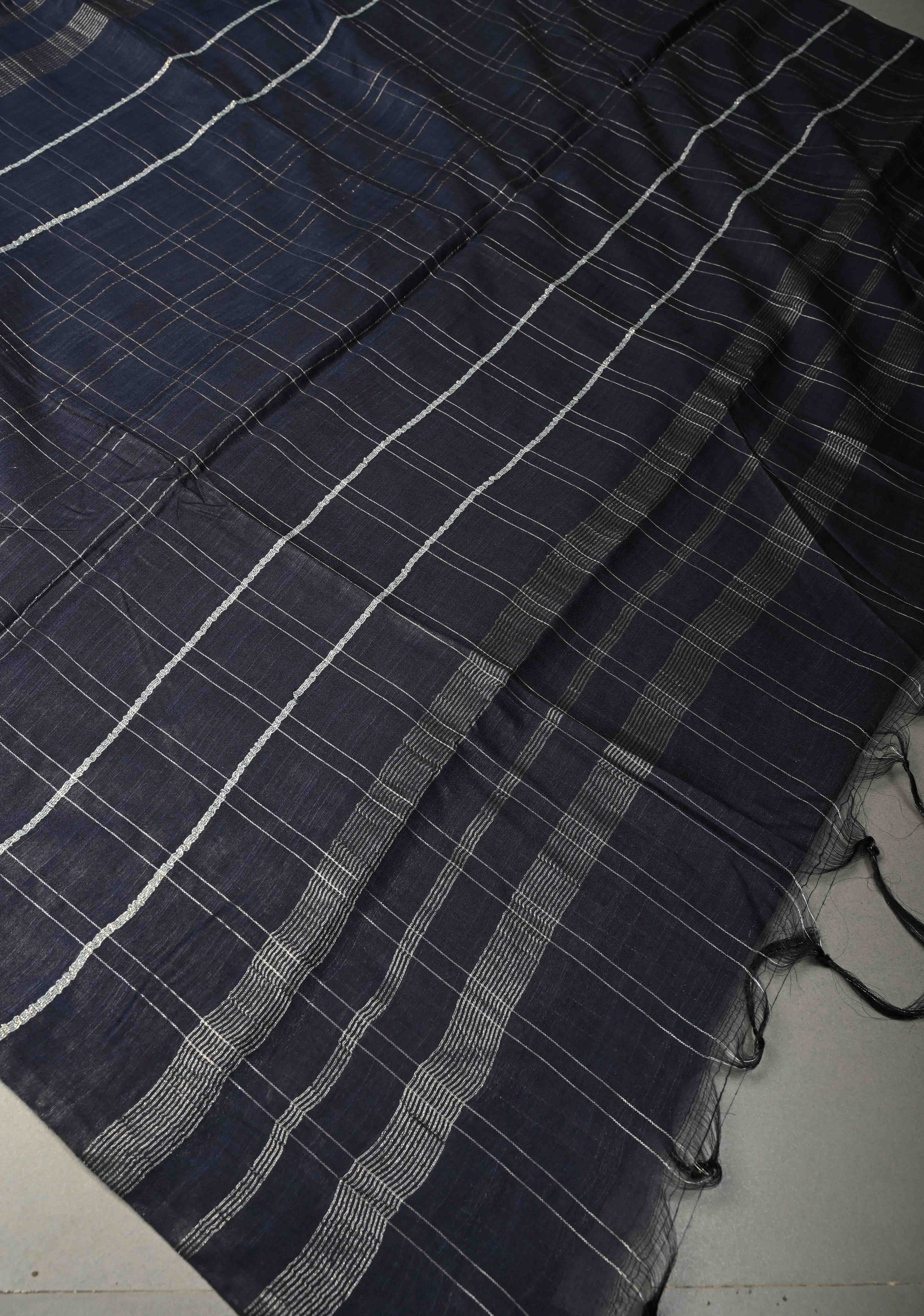 Midnight Blue Borderless Semi Tussar Saree with Zari Buttas and Zari Checks | Shobitam
