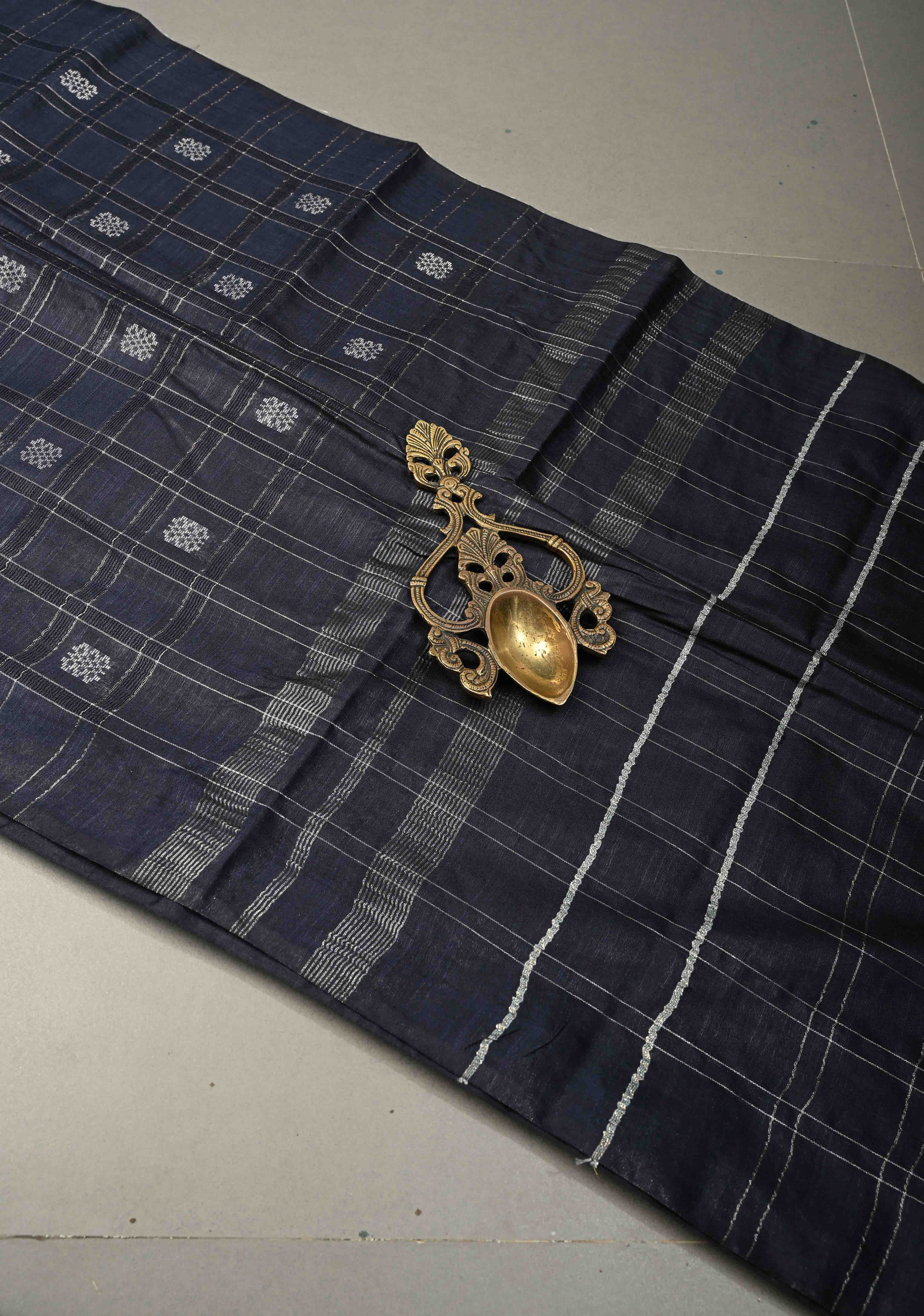 Midnight Blue Borderless Semi Tussar Saree with Zari Buttas and Zari Checks | Shobitam