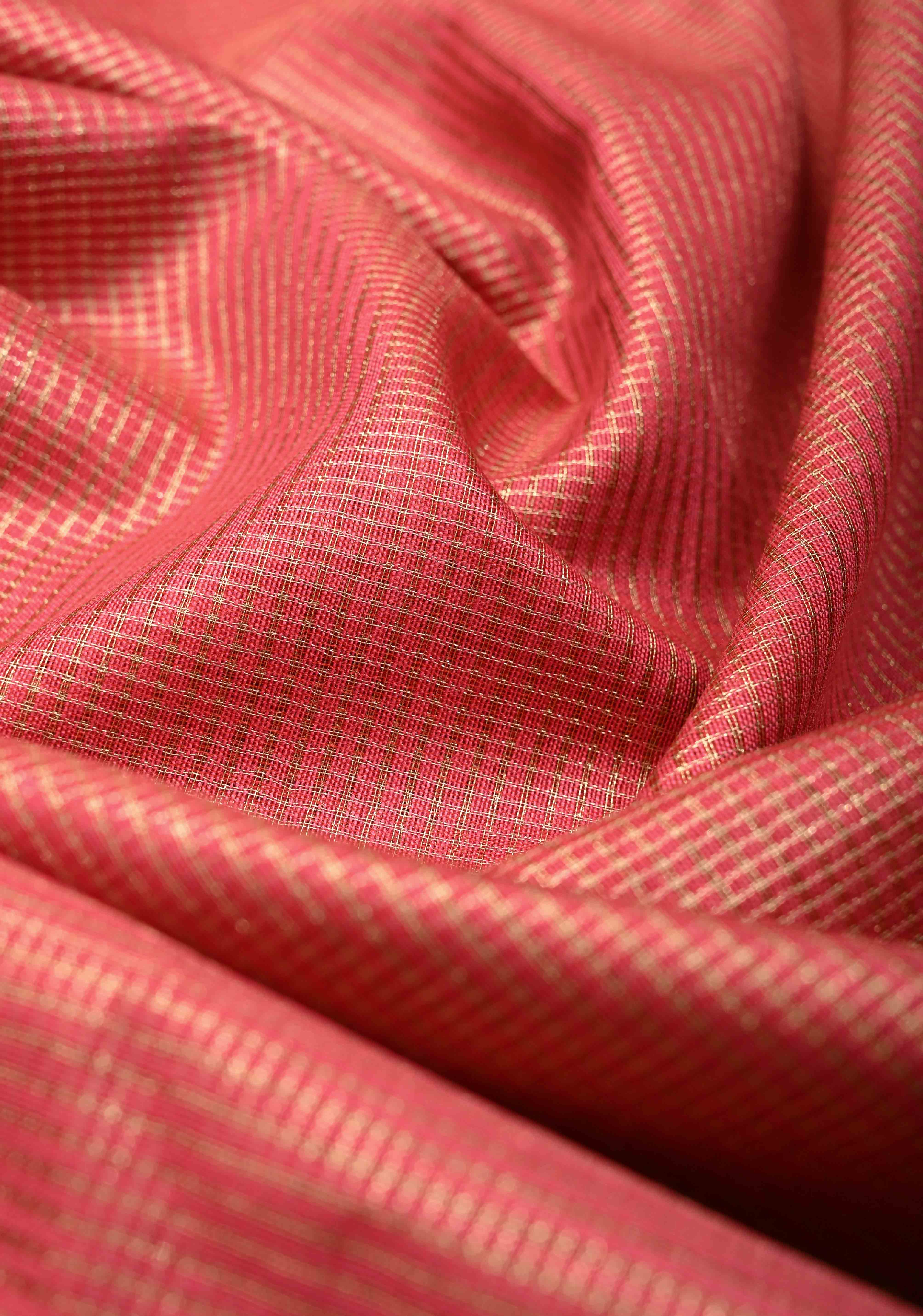Watermelon Pink Semi Tussar Tissue Saree with Contrast Zari Border and Pallu | Shobitam